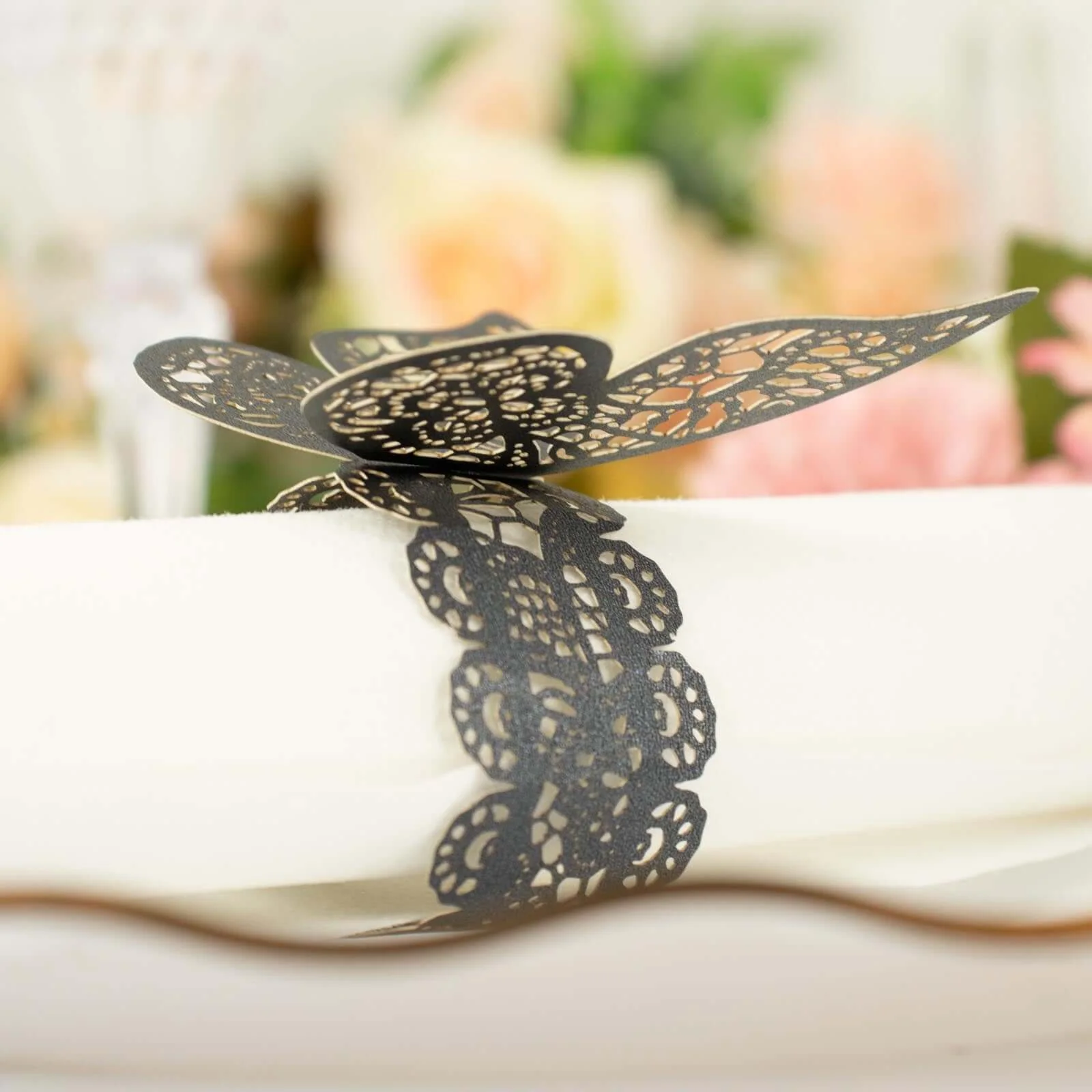 12-Pack Paper Napkin Rings Black Shimmery Butterfly Laser Cut - Serviette Holders and Chair Sash Bows - Image 11