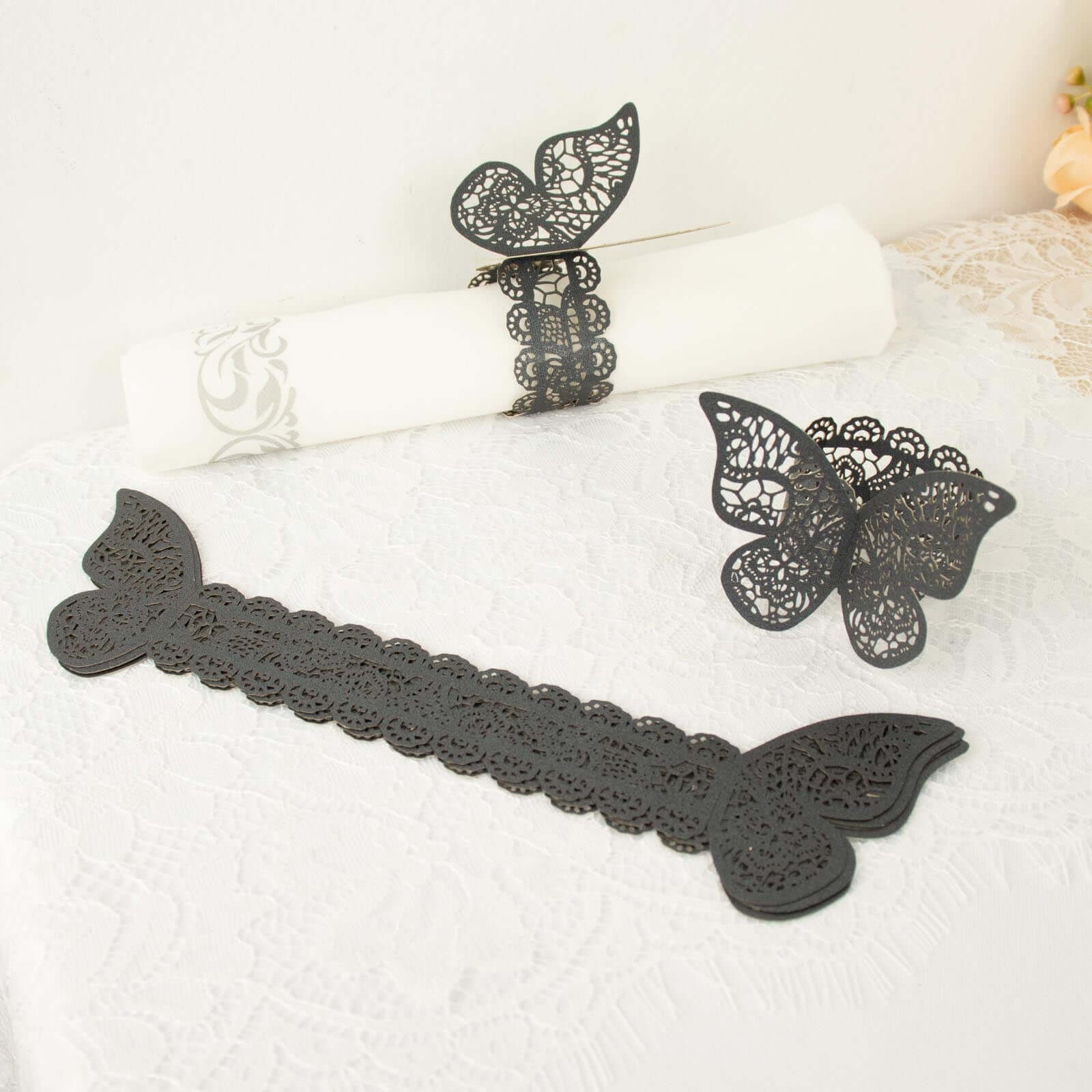 12-Pack Paper Napkin Rings Black Shimmery Butterfly Laser Cut - Serviette Holders and Chair Sash Bows - Image 2