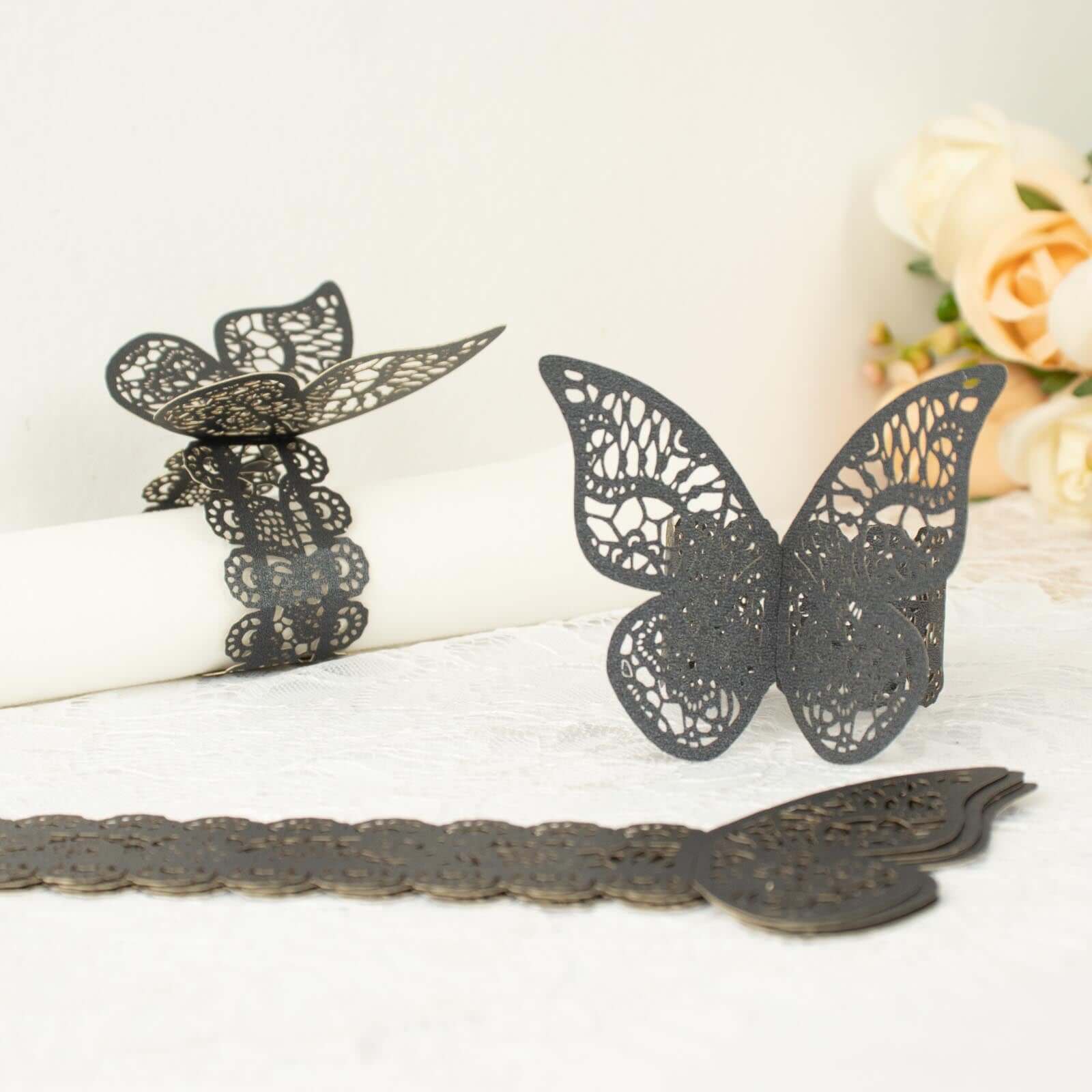 12-Pack Paper Napkin Rings Black Shimmery Butterfly Laser Cut - Serviette Holders and Chair Sash Bows - Image 8
