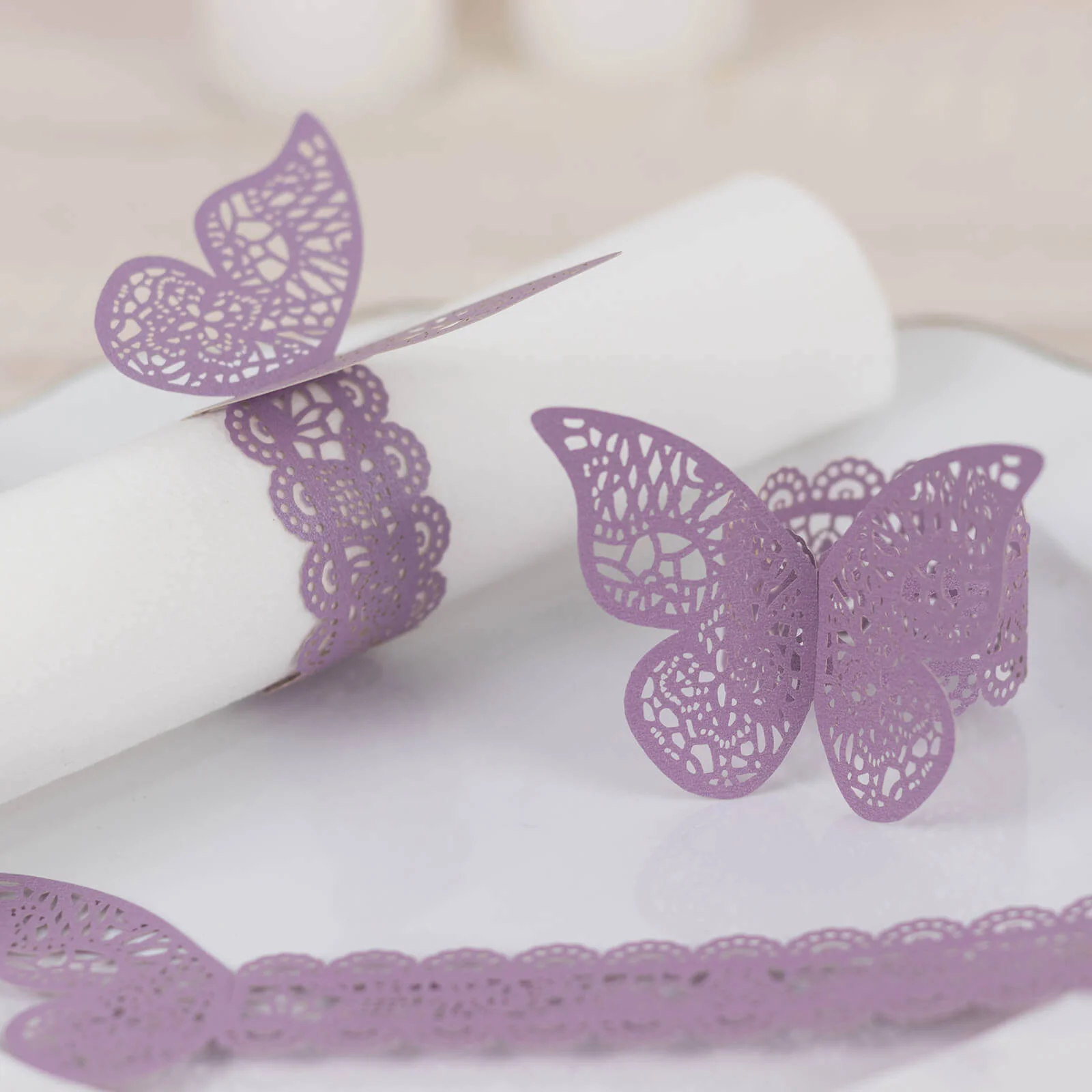 12-Pack Paper Napkin Rings Lavender Shimmery Butterfly Laser Cut - Serviette Holders and Chair Sash Bows - Image 4