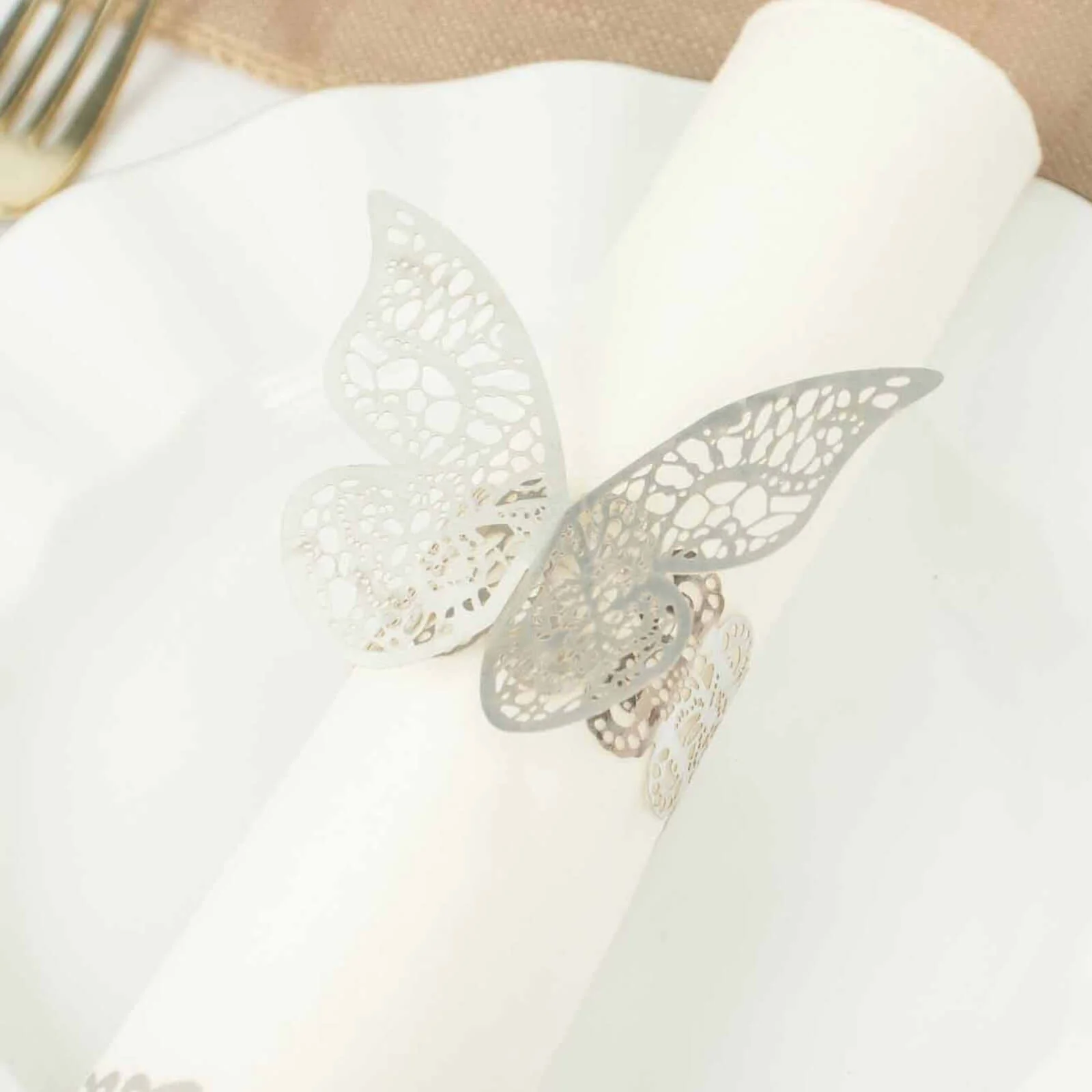 12-Pack Paper Napkin Rings Metallic Silver Shimmery Butterfly Laser Cut - Serviette Holders and Chair Sash Bows
