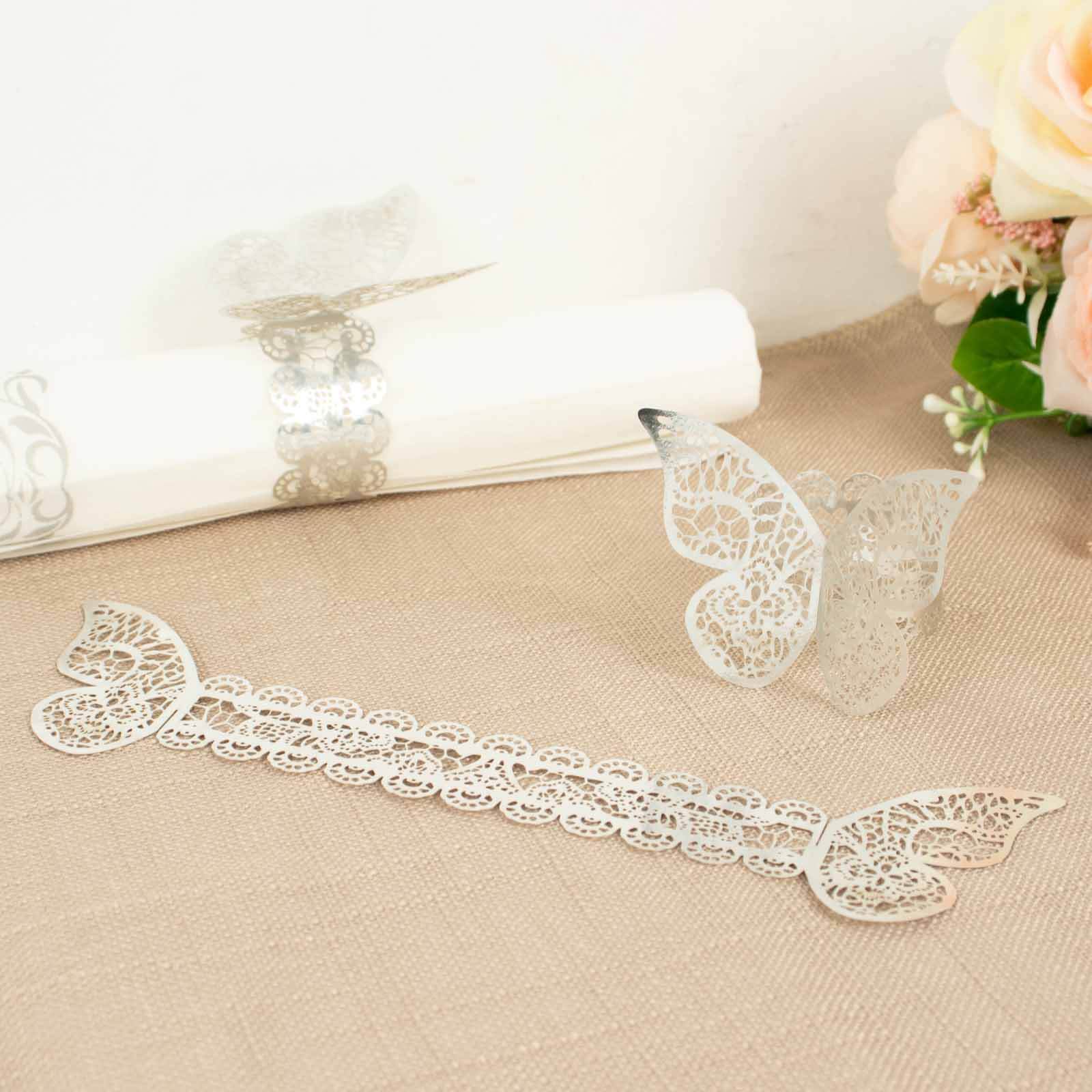 12-Pack Paper Napkin Rings Metallic Silver Shimmery Butterfly Laser Cut - Serviette Holders and Chair Sash Bows - Image 2
