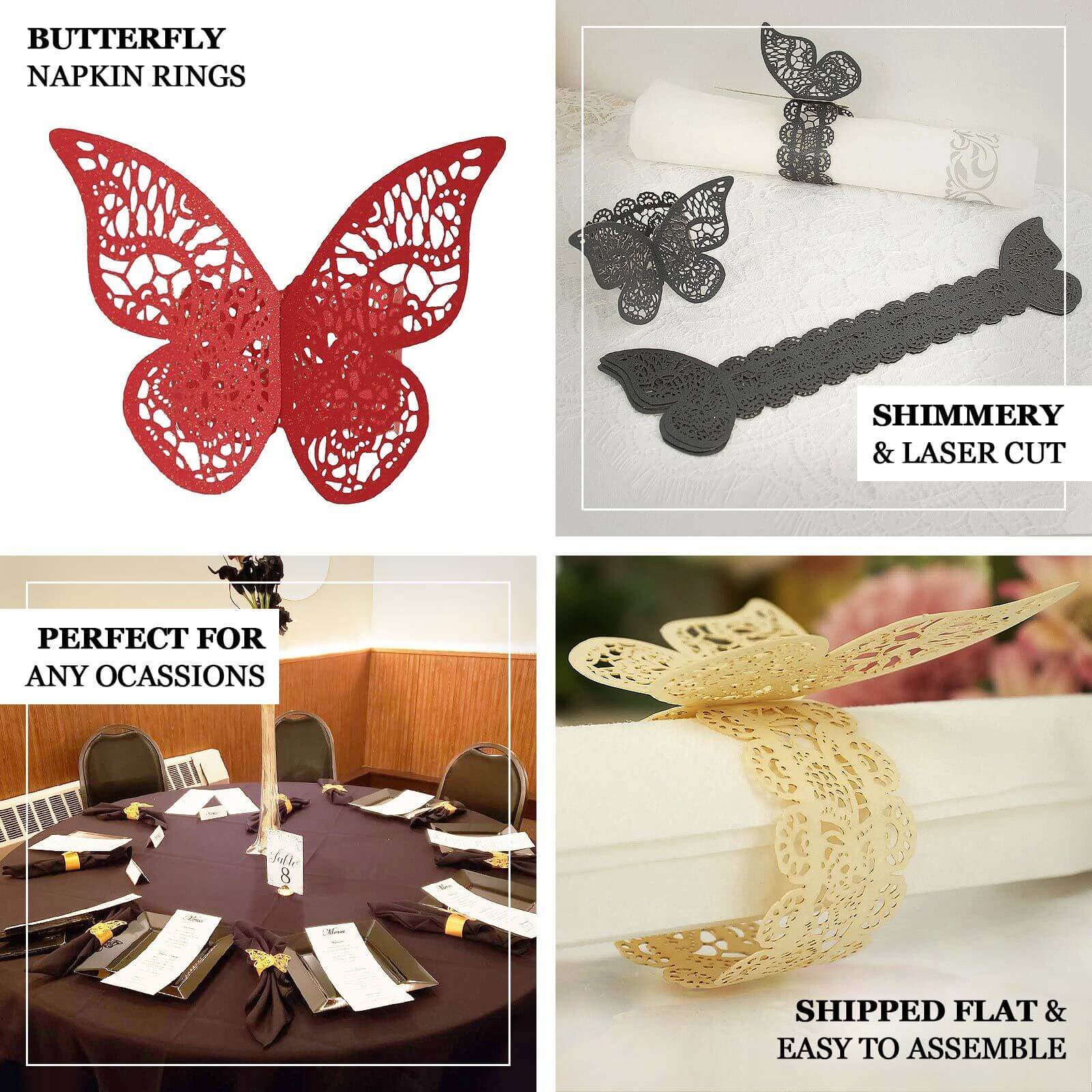 12-Pack Paper Napkin Rings Metallic Silver Shimmery Butterfly Laser Cut - Serviette Holders and Chair Sash Bows - Image 4