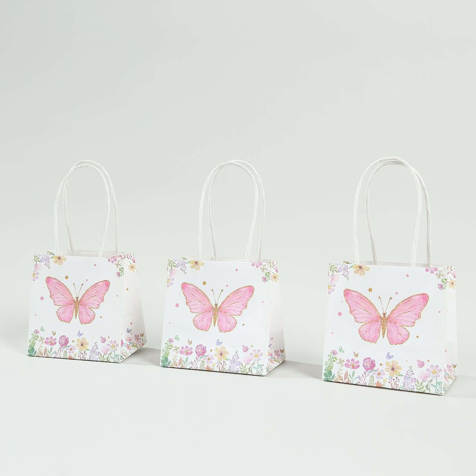 12 Pack Pink Glitter Butterfly Paper Gift Bags With Handles, Floral Print White Party Favor Goodie Bags - 4"x4" - Image 10