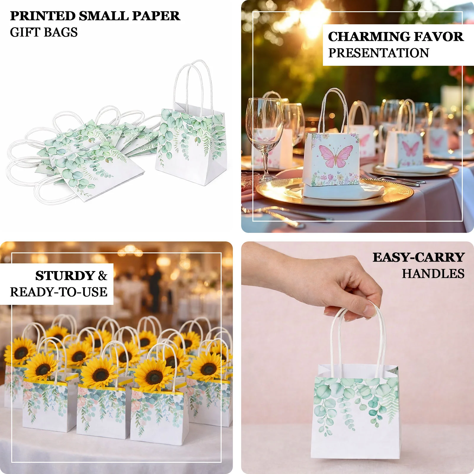 12 Pack Pink Glitter Butterfly Paper Gift Bags With Handles, Floral Print White Party Favor Goodie Bags - 4"x4" - Image 4
