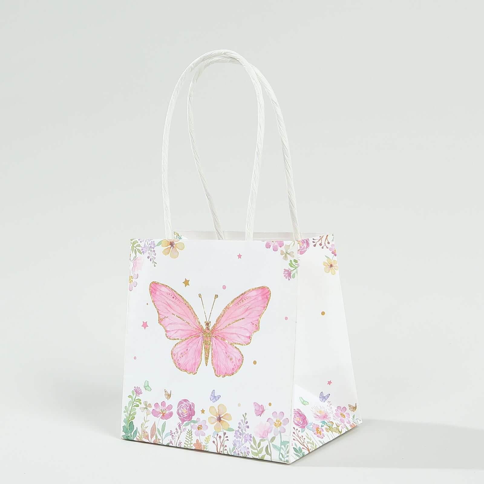 12 Pack Pink Glitter Butterfly Paper Gift Bags With Handles, Floral Print White Party Favor Goodie Bags - 4"x4" - Image 8