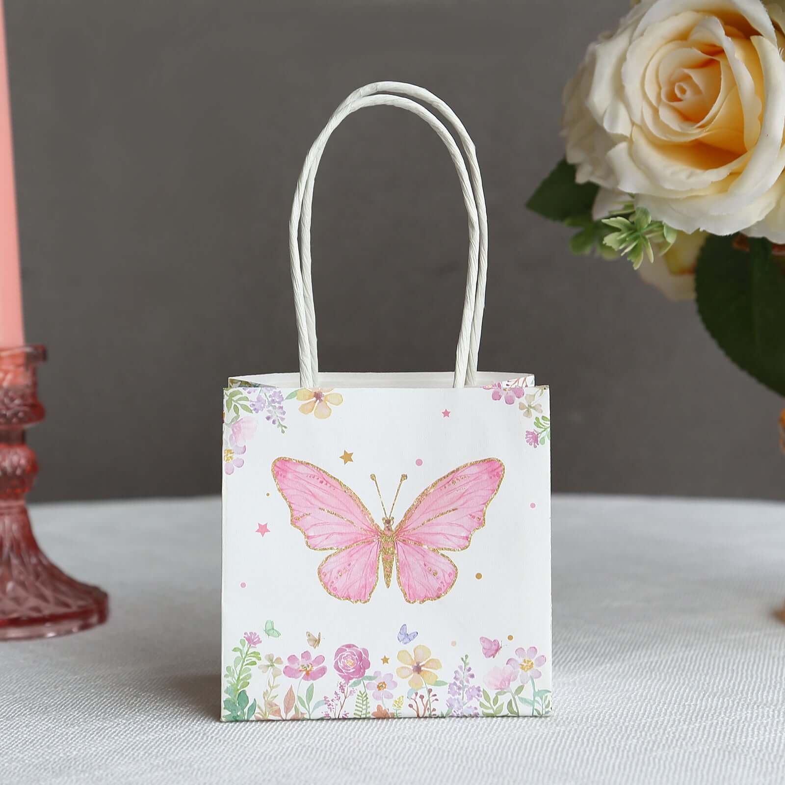 12 Pack Pink Glitter Butterfly Paper Gift Bags With Handles, Floral Print White Party Favor Goodie Bags - 4"x4" - Image 9