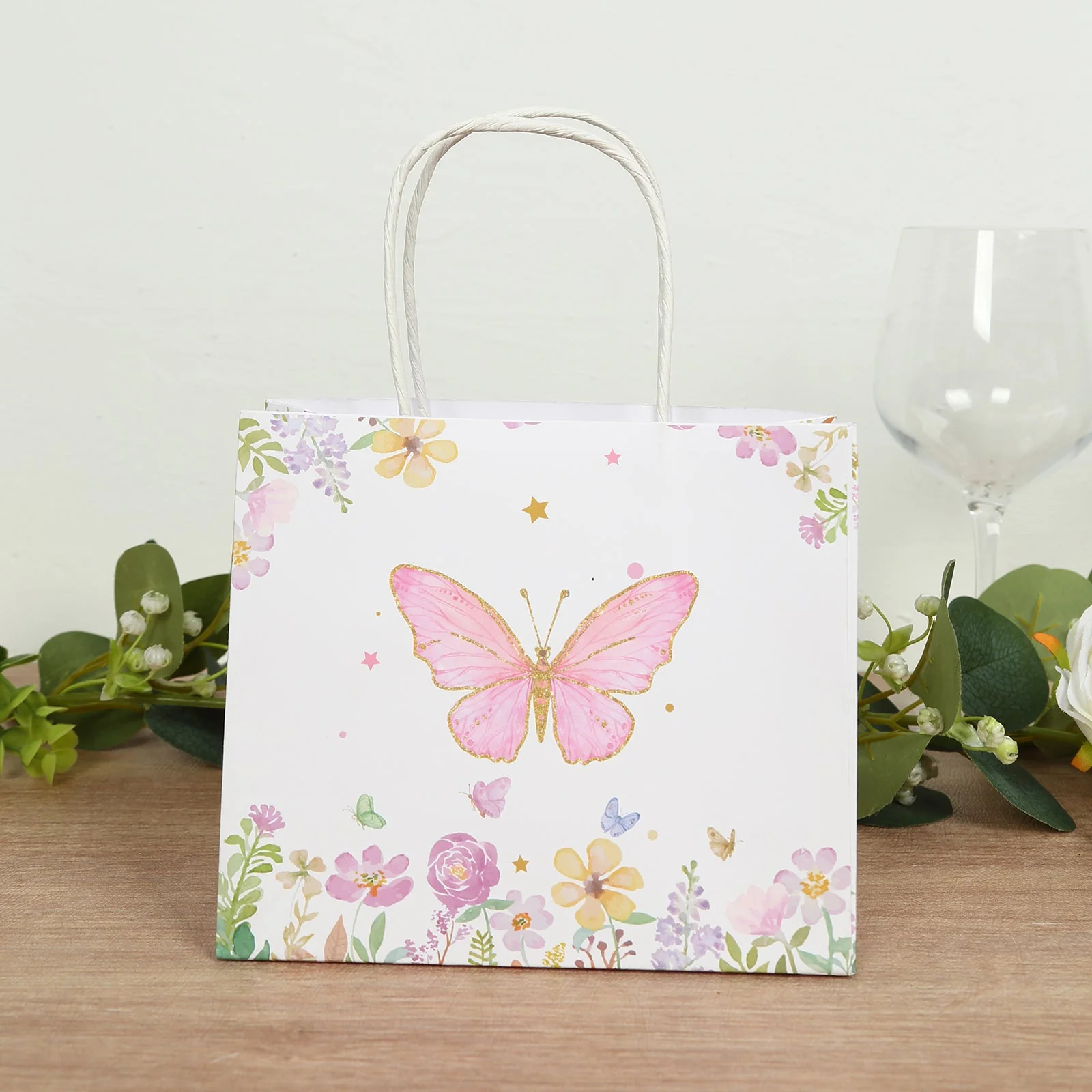 12 Pack Pink Glitter Butterfly Paper Gift Bags with Handles, Floral Print White Party Favor Goodie Bags - 6"x7" - Image 10