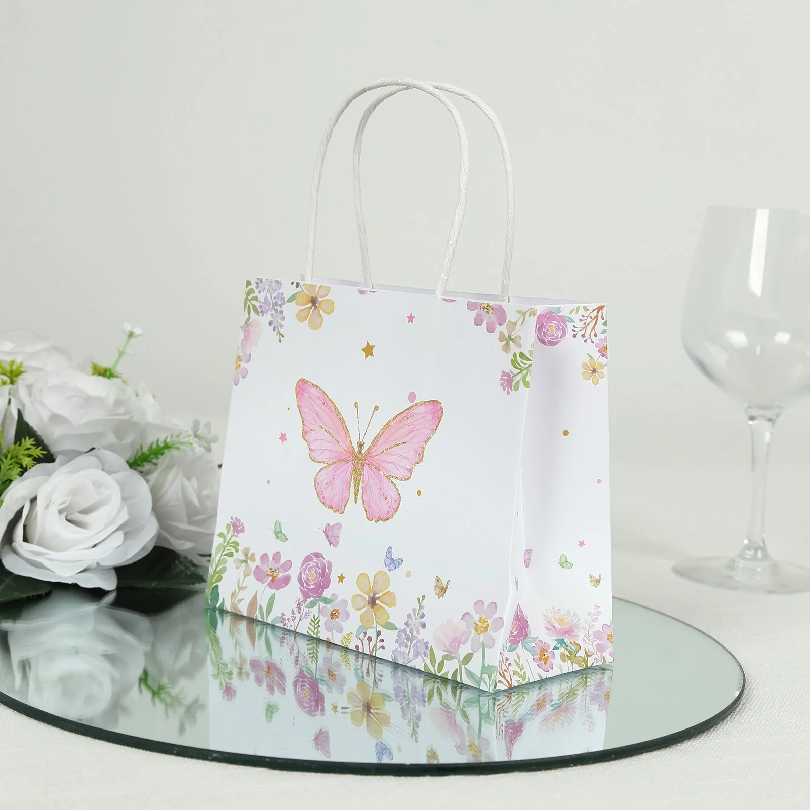 12 Pack Pink Glitter Butterfly Paper Gift Bags with Handles, Floral Print White Party Favor Goodie Bags - 6"x7" - Image 5