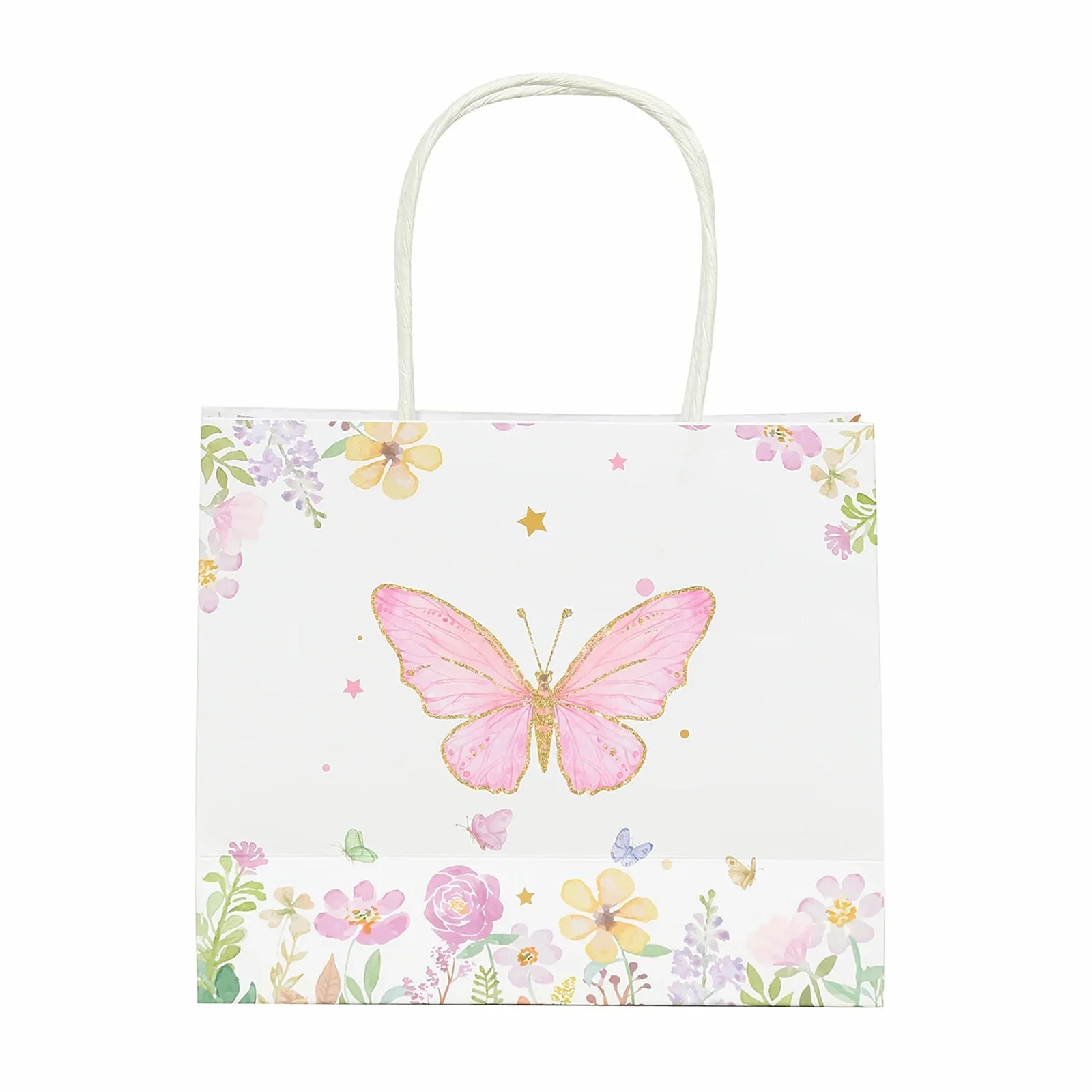 12 Pack Pink Glitter Butterfly Paper Gift Bags with Handles, Floral Print White Party Favor Goodie Bags - 6"x7" - Image 7