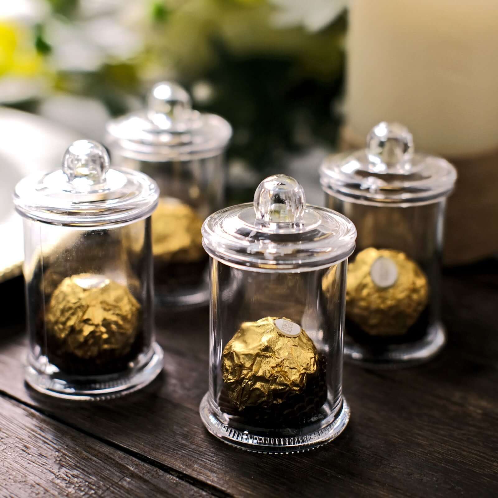 12-Pack Plastic Candy Jars 3.5" Disposable Design Clear Lids - Favor Goodie Containers for Events
