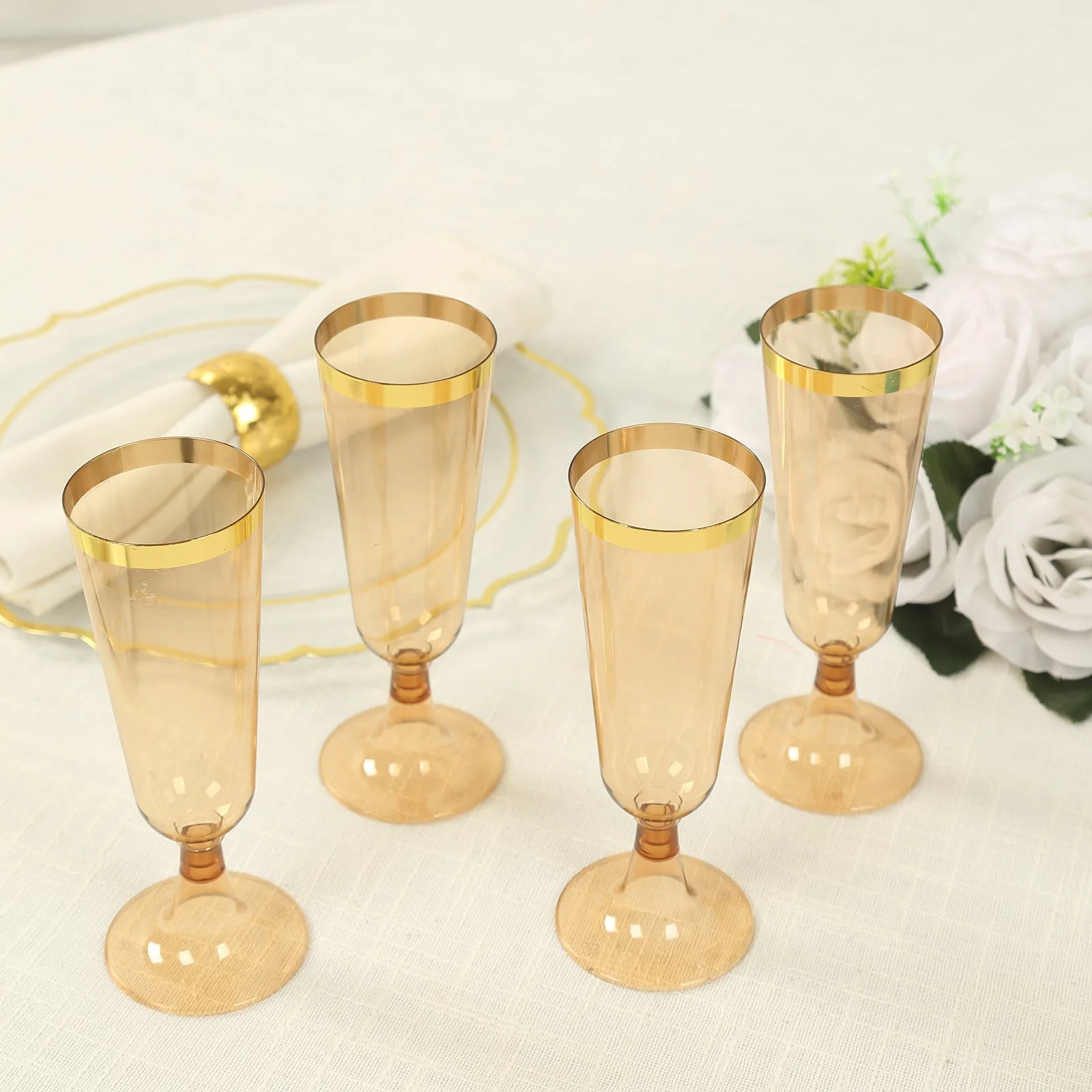 12-Pack Plastic Champagne Flutes 5oz Amber Gold with Gold Rim - Disposable Toasting Glasses with Detachable Base 6" - Image 2
