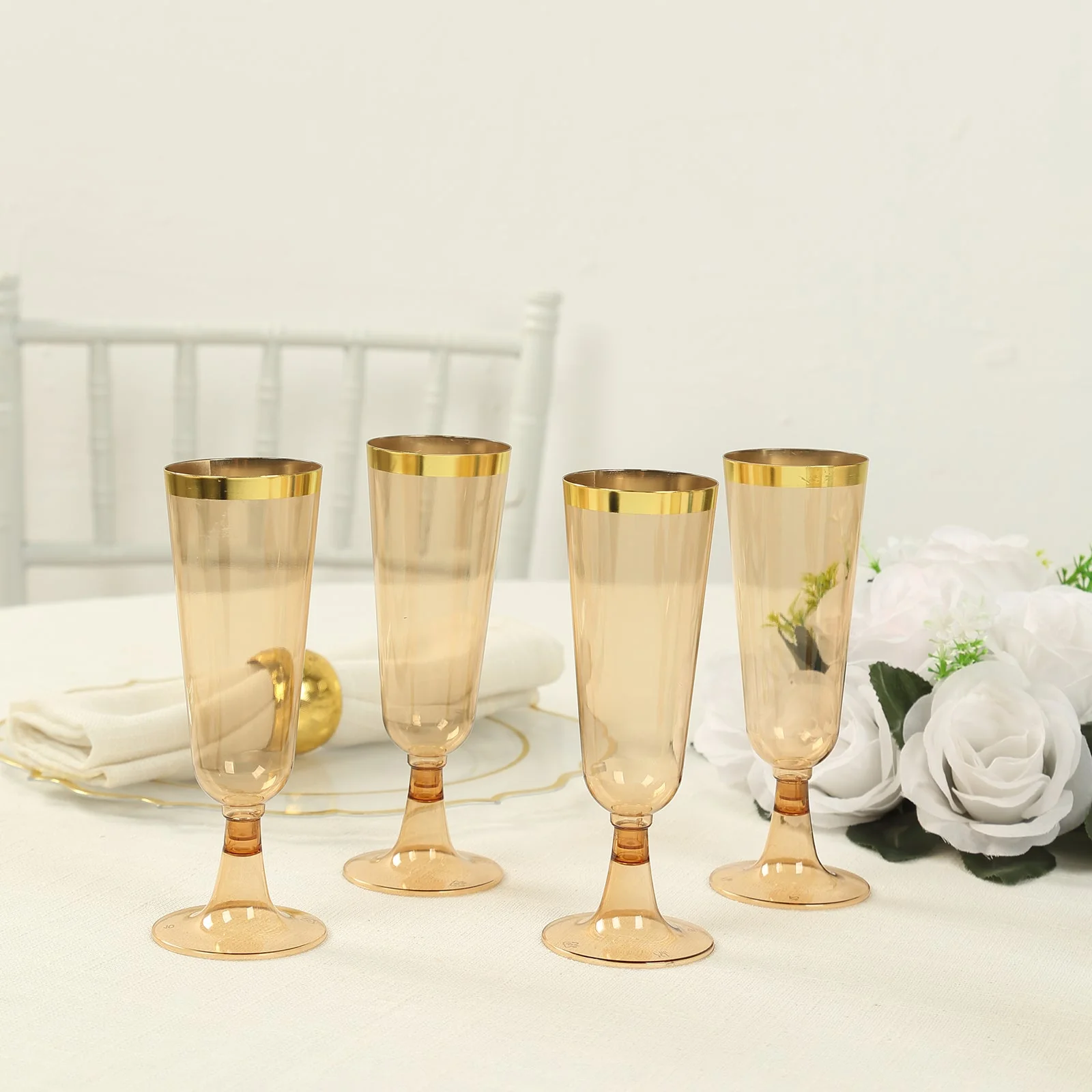 12-Pack Plastic Champagne Flutes 5oz Amber Gold with Gold Rim - Disposable Toasting Glasses with Detachable Base 6" - Image 4