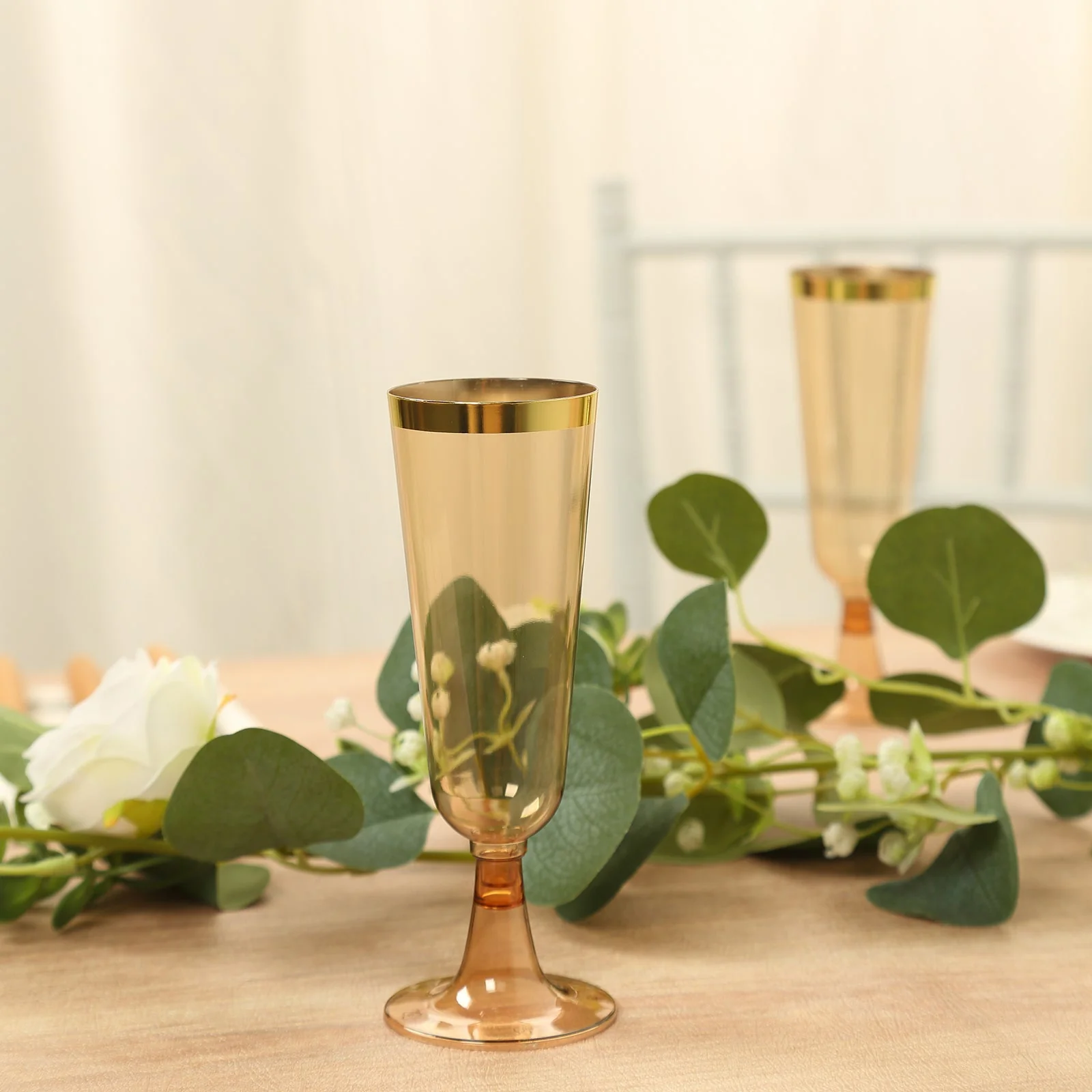 12-Pack Plastic Champagne Flutes 5oz Amber Gold with Gold Rim - Disposable Toasting Glasses with Detachable Base 6" - Image 7