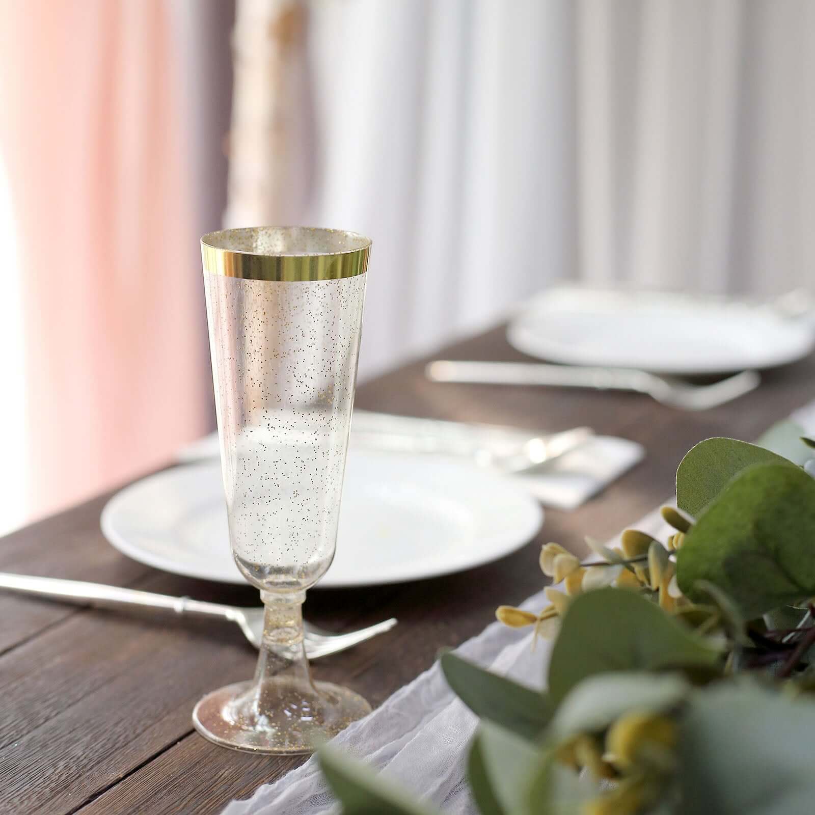 12-Pack Plastic Champagne Flutes 6oz Clear Gold Glittered with Gold Rim - Disposable Toasting Glasses with Detachable Base 6" - Image 5