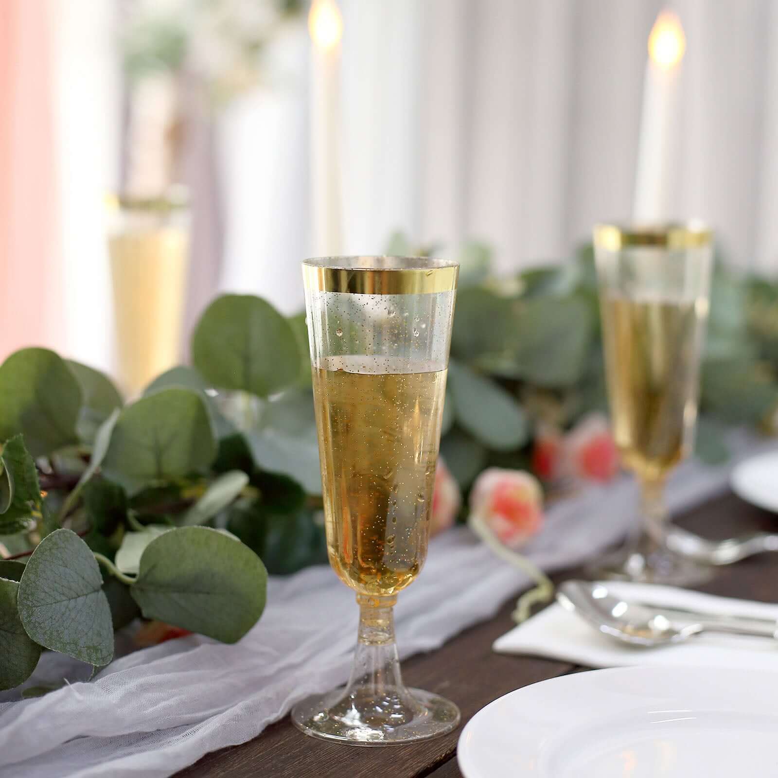 12-Pack Plastic Champagne Flutes 6oz Clear Gold Glittered with Gold Rim - Disposable Toasting Glasses with Detachable Base 6" - Image 8