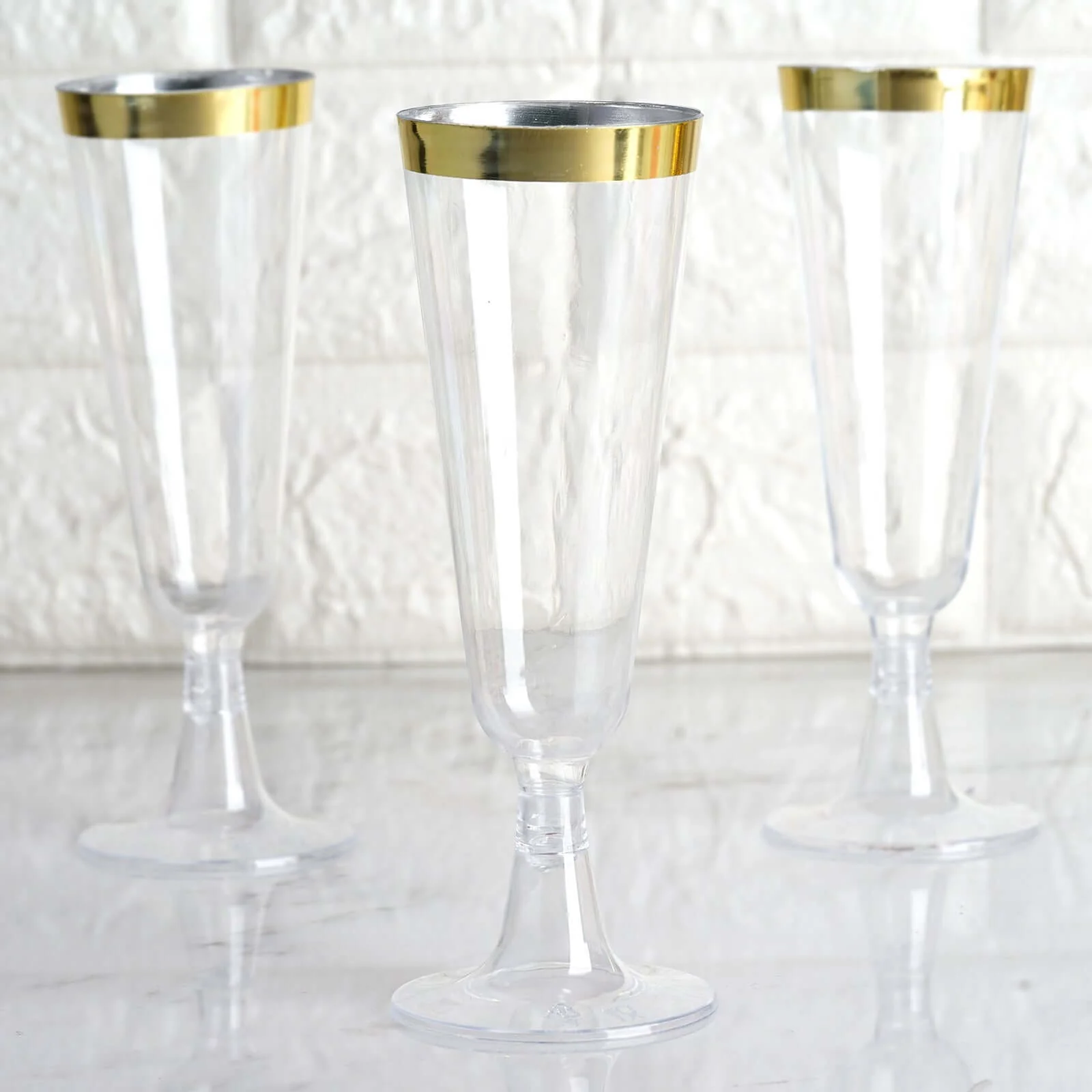 12-Pack Plastic Champagne Flutes 5oz Clear with Gold Rim - Disposable Toasting Glasses with Detachable Base 6" - Image 2