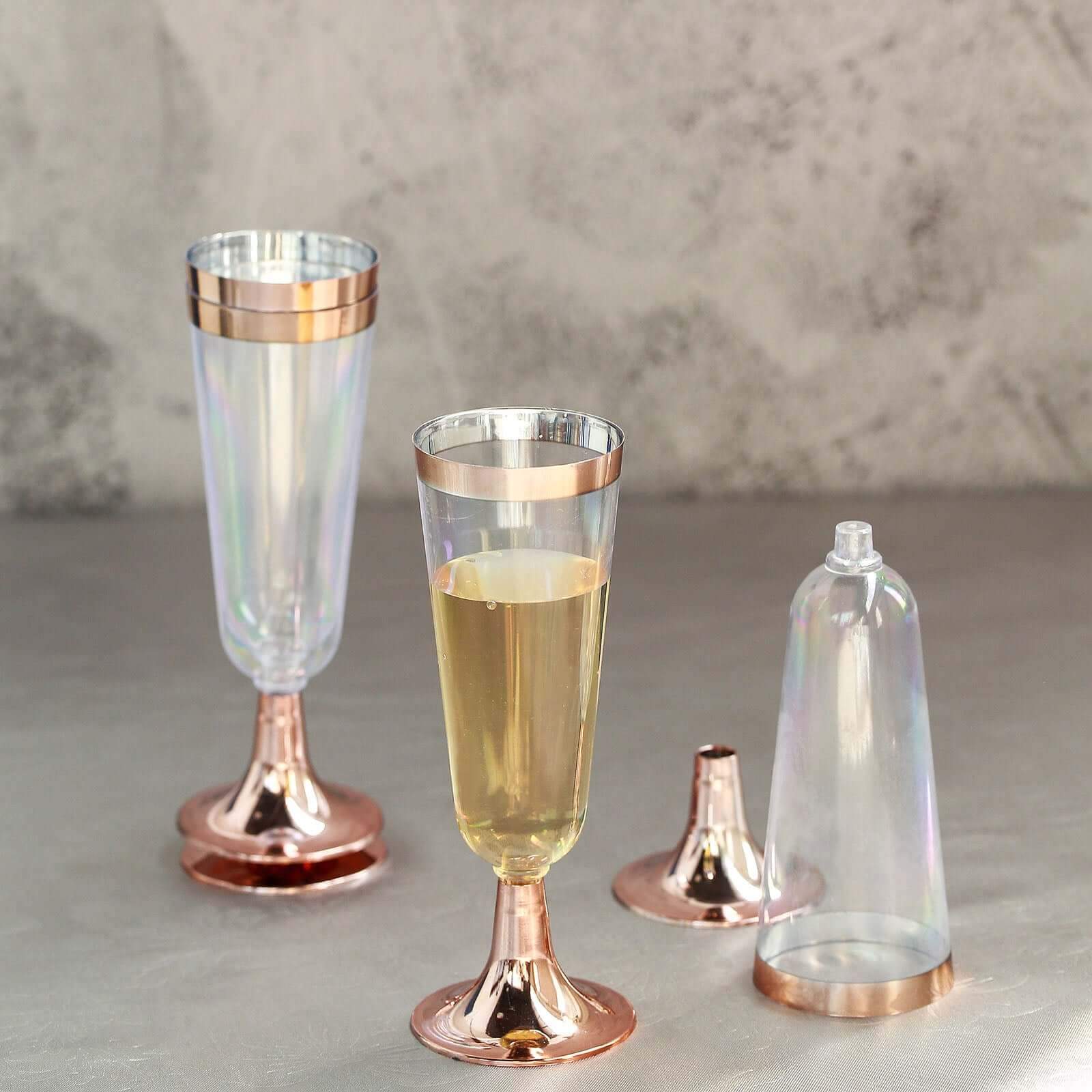 12-Pack Plastic Champagne Flutes 5oz Clear with Rose Gold Rim - Sleek Detachable Base Disposable Champagne Glasses for Cocktail Parties & Receptions