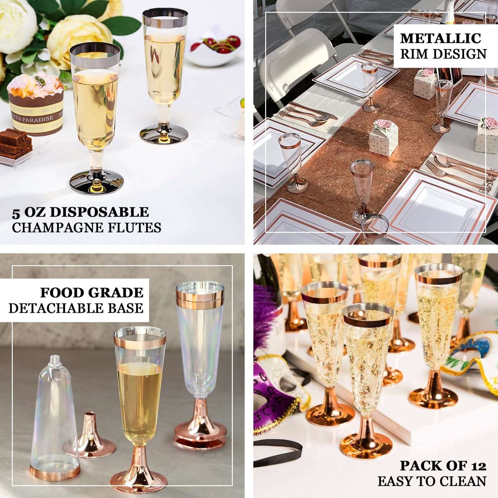 12-Pack Plastic Champagne Flutes 5oz Clear with Rose Gold Rim - Sleek Detachable Base Disposable Champagne Glasses for Cocktail Parties & Receptions - Image 4