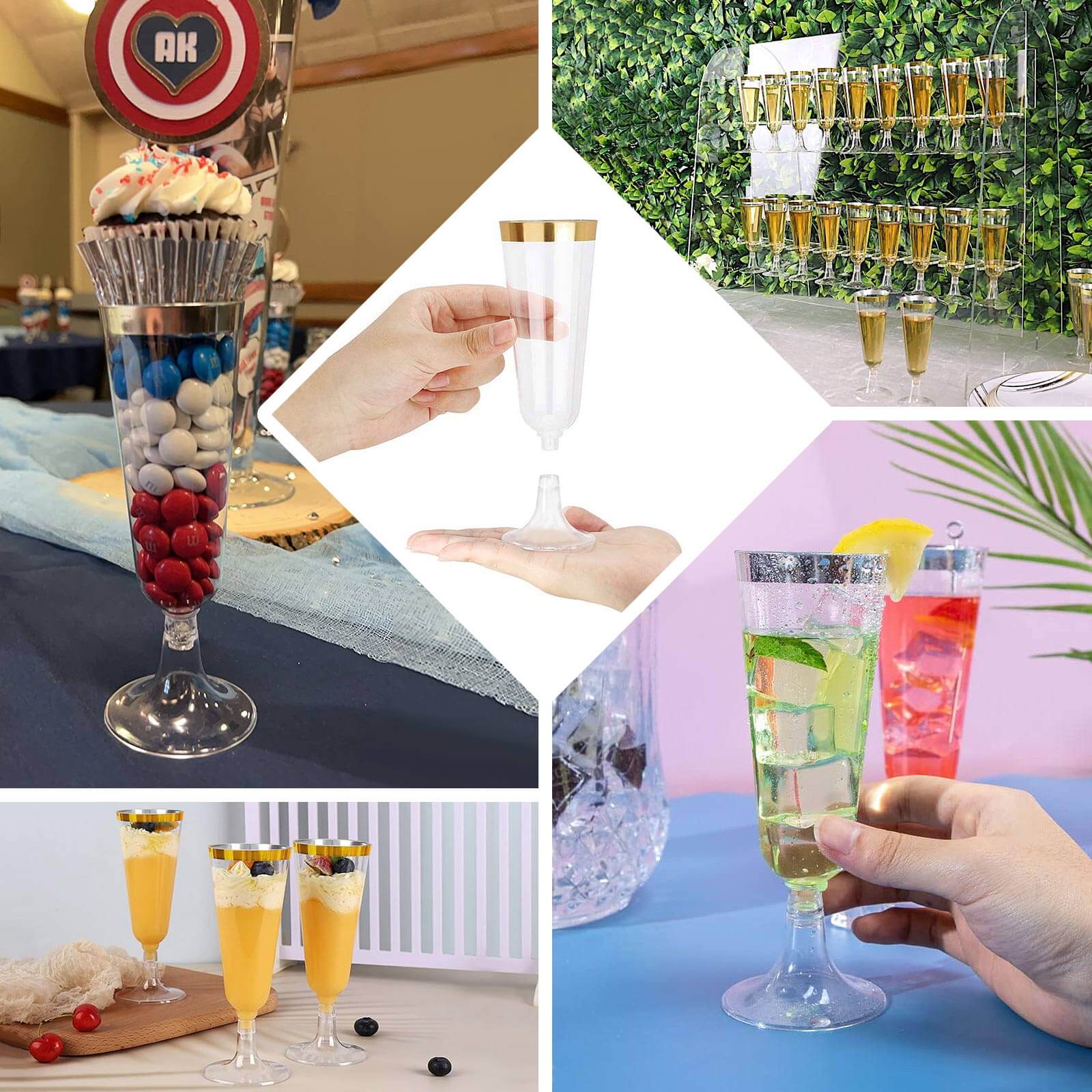 12-Pack Plastic Champagne Flutes 5oz Clear with Silver Rim - Disposable Toasting Glasses with Detachable Base 6" - Image 4