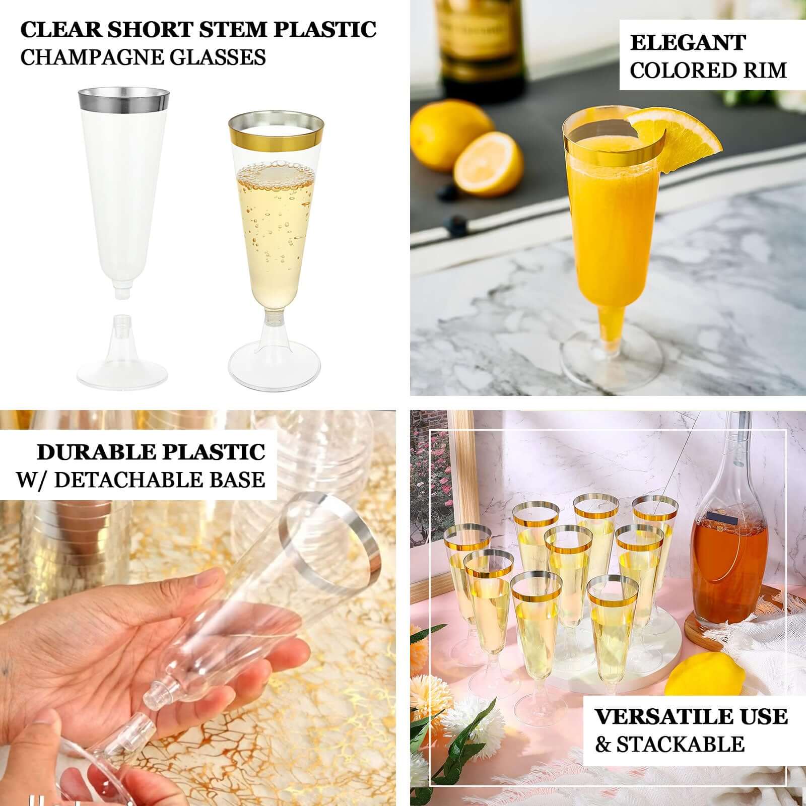 12-Pack Plastic Champagne Flutes 5oz Clear with Silver Rim - Disposable Toasting Glasses with Detachable Base 6" - Image 5