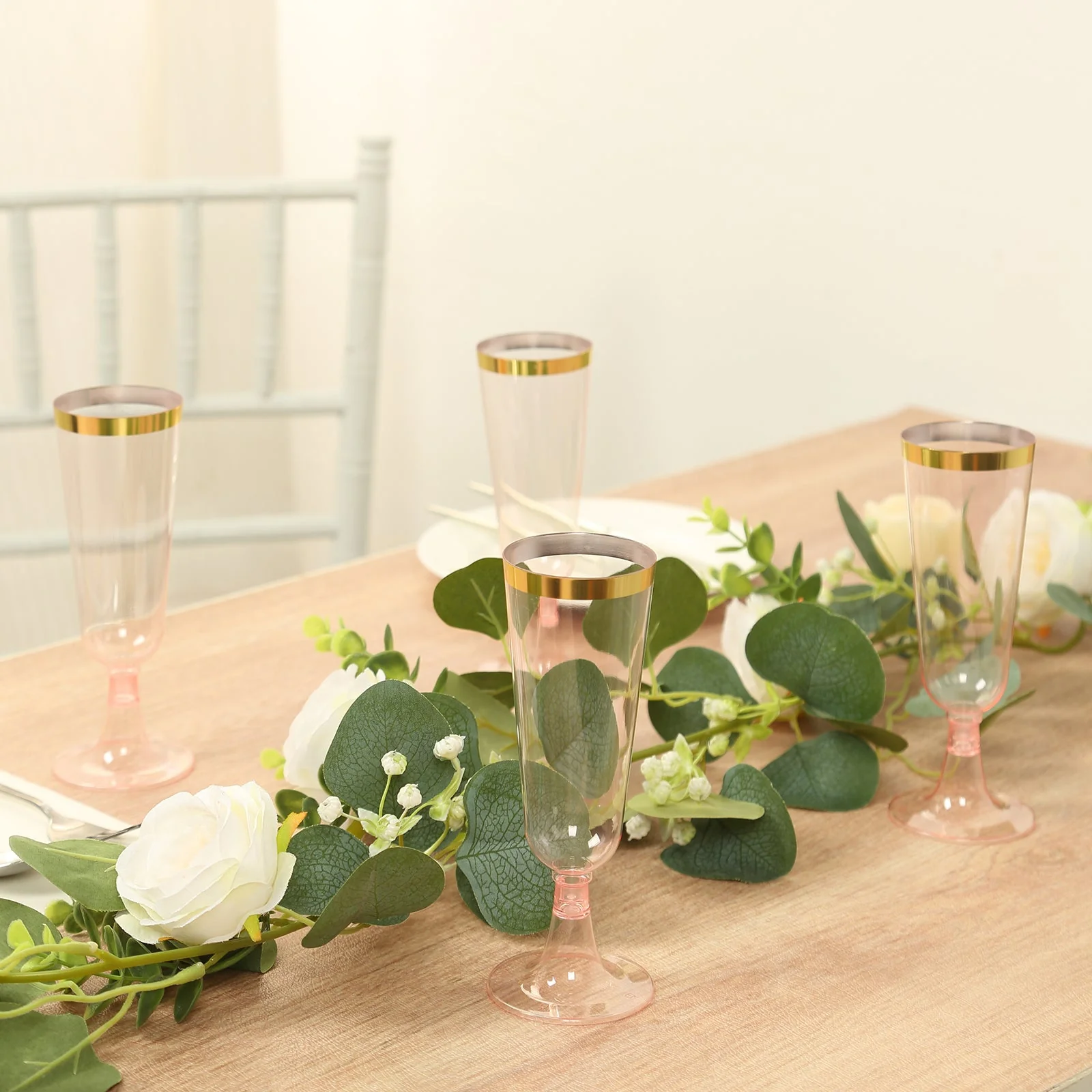 12-Pack Plastic Champagne Flutes 5oz Transparent Blush with Gold Rim - Disposable Toasting Glasses with Detachable Base 6" - Image 8