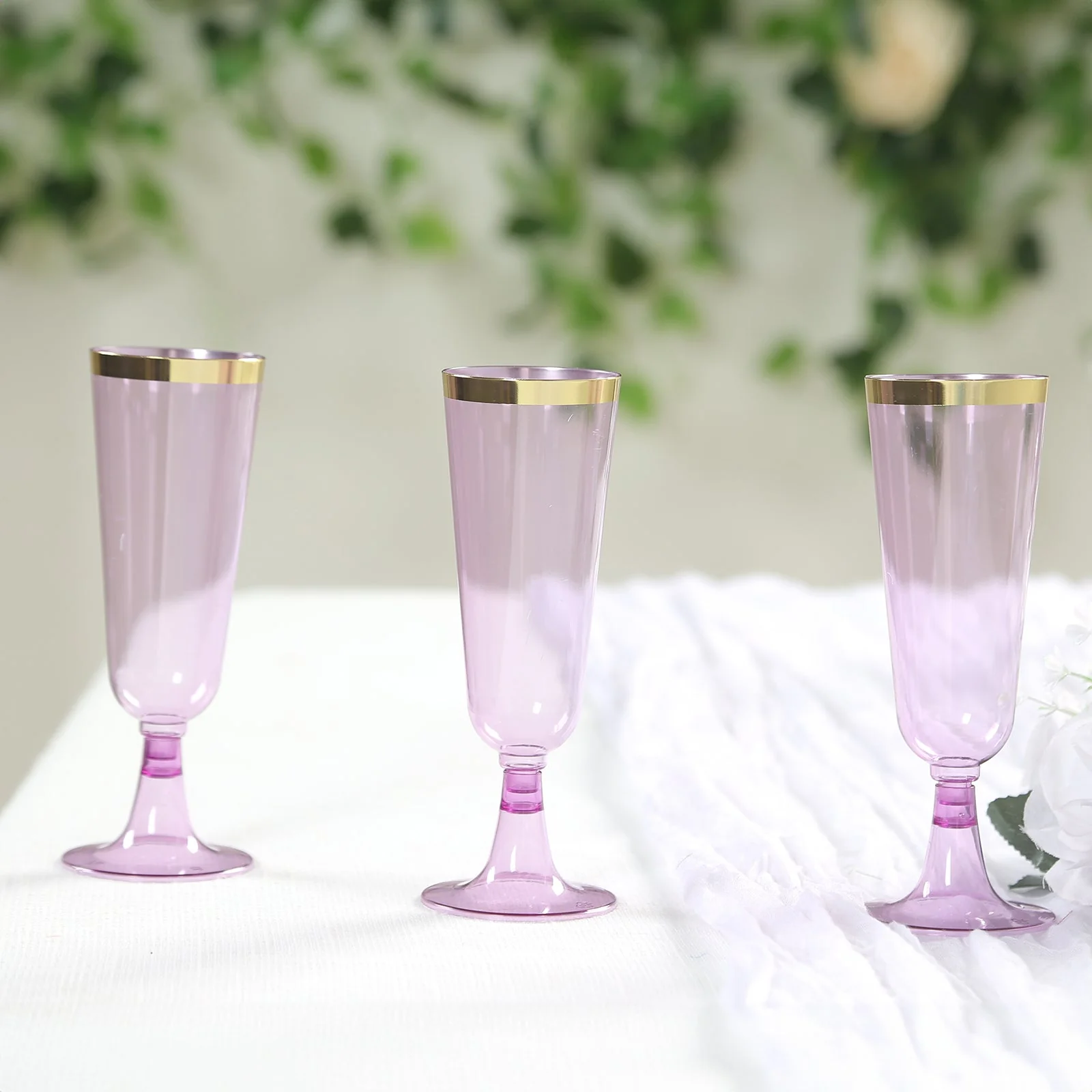 12-Pack Plastic Champagne Flutes 5oz Transparent Purple with Gold Rim - Disposable Toasting Glasses with Detachable Base 6" - Image 2