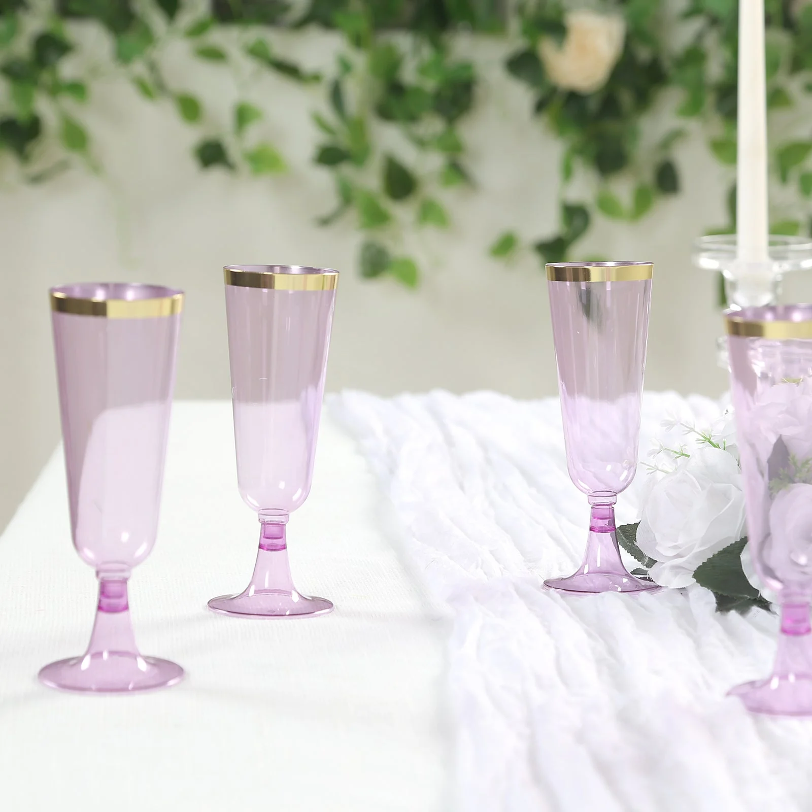 12-Pack Plastic Champagne Flutes 5oz Transparent Purple with Gold Rim - Disposable Toasting Glasses with Detachable Base 6" - Image 6