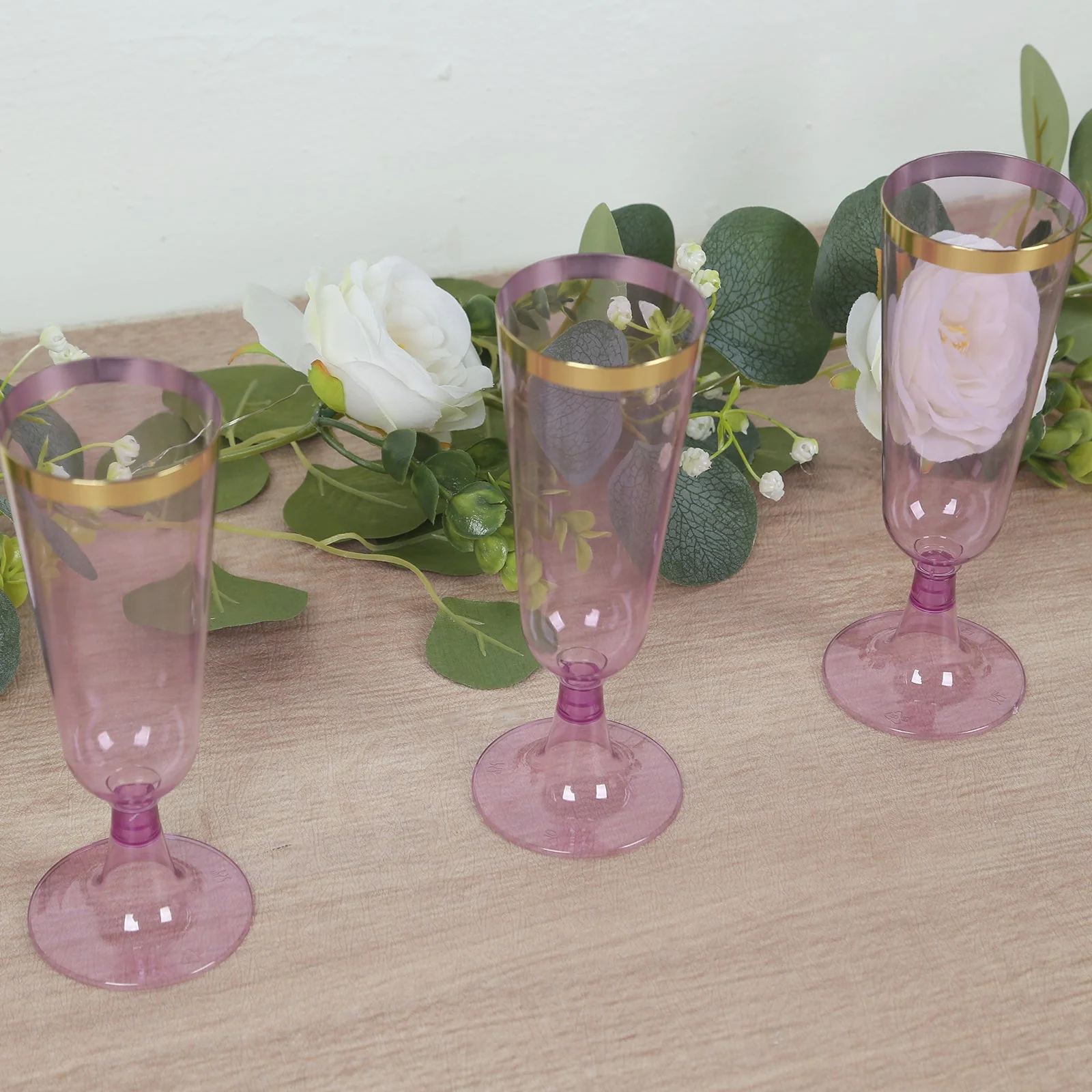 12-Pack Plastic Champagne Flutes 5oz Transparent Purple with Gold Rim - Disposable Toasting Glasses with Detachable Base 6" - Image 8
