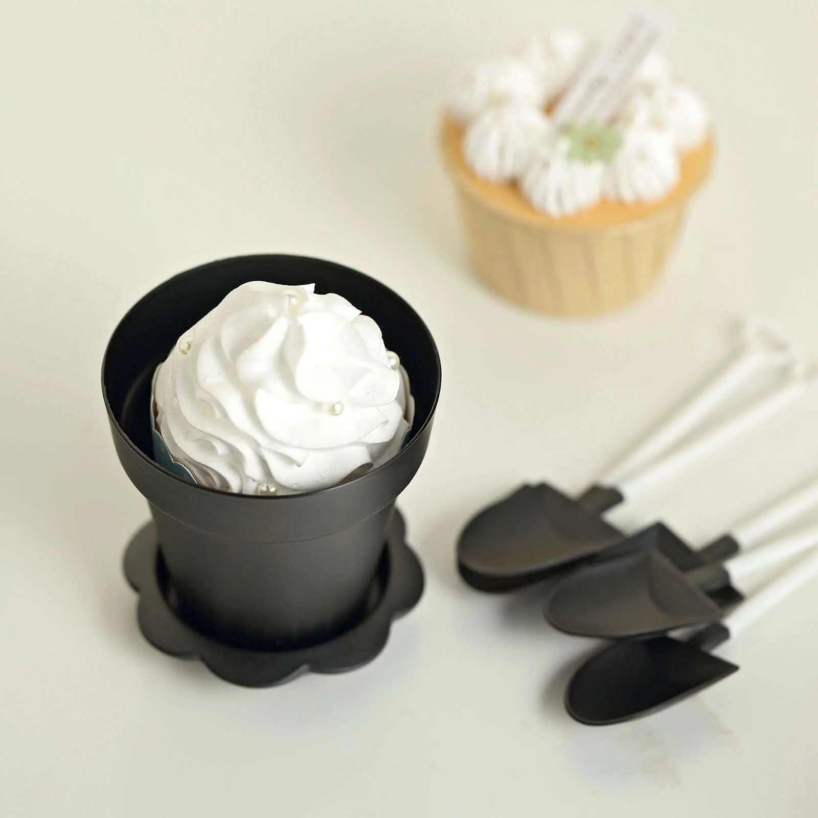 12-Pack Plastic Dessert Cups 4" Succulent Planter Design Black - Includes Clear Lids, Trays, and Shovels - Image 5