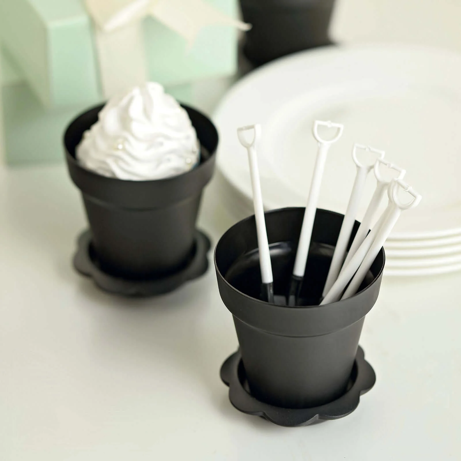12-Pack Plastic Dessert Cups 4" Succulent Planter Design Black - Includes Clear Lids, Trays, and Shovels - Image 7