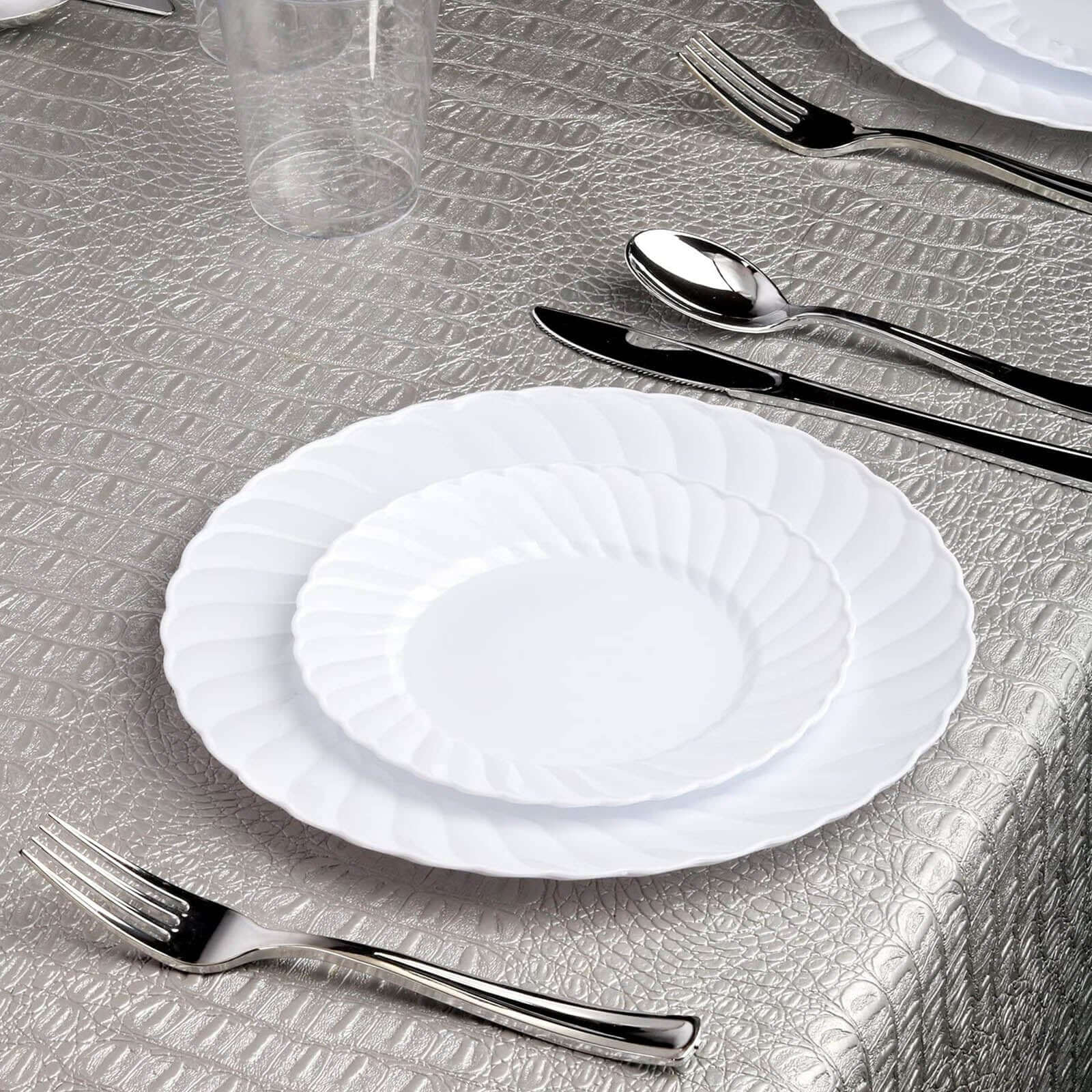 12-Pack Plastic Dessert Plates 6" Glossy White Swirl Rim - Round Salad Plates for Events - Image 6