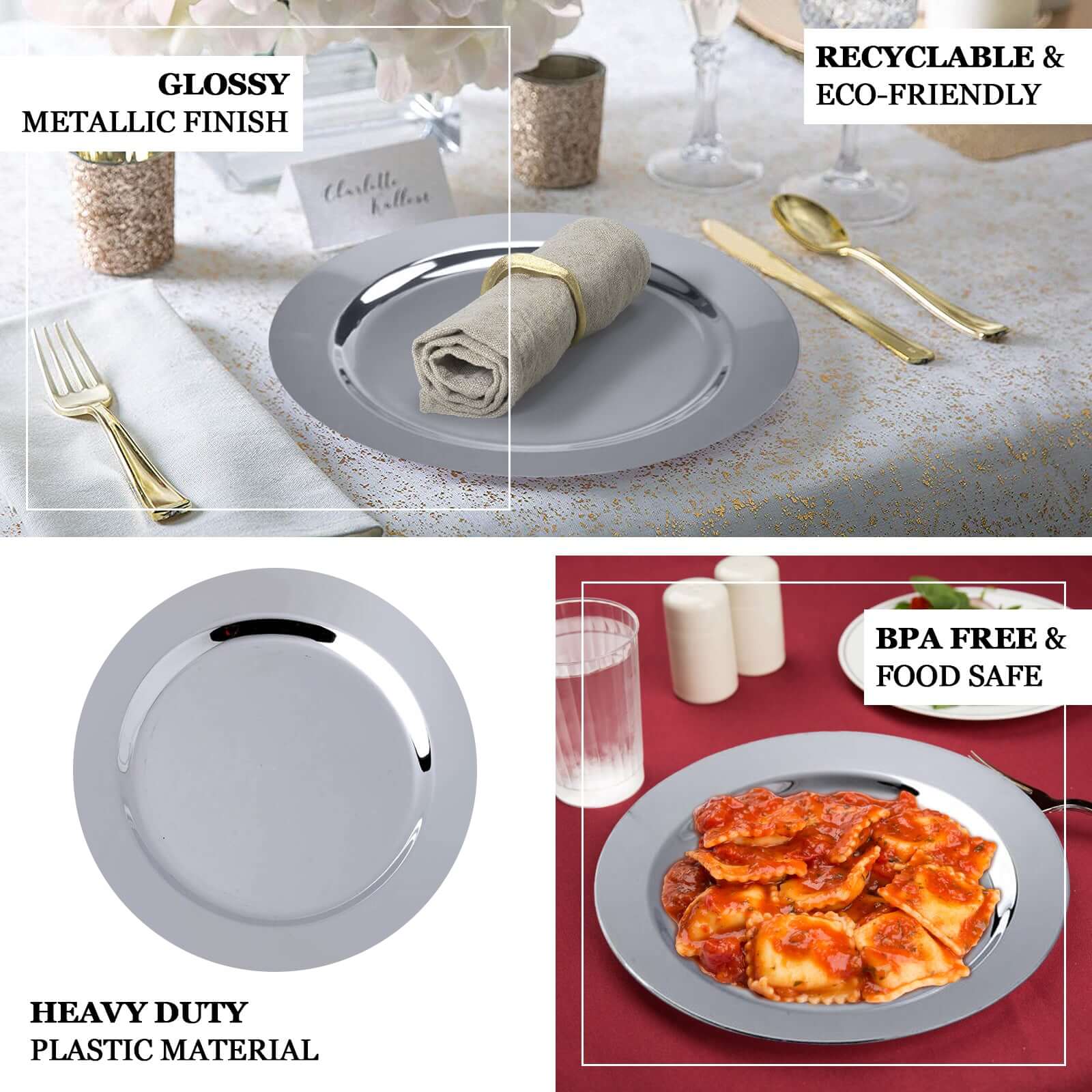 12-Pack Plastic Dessert Plates 8" Glossy Silver with Metallic Finish - Round Disposable Plates for Salads - Image 4