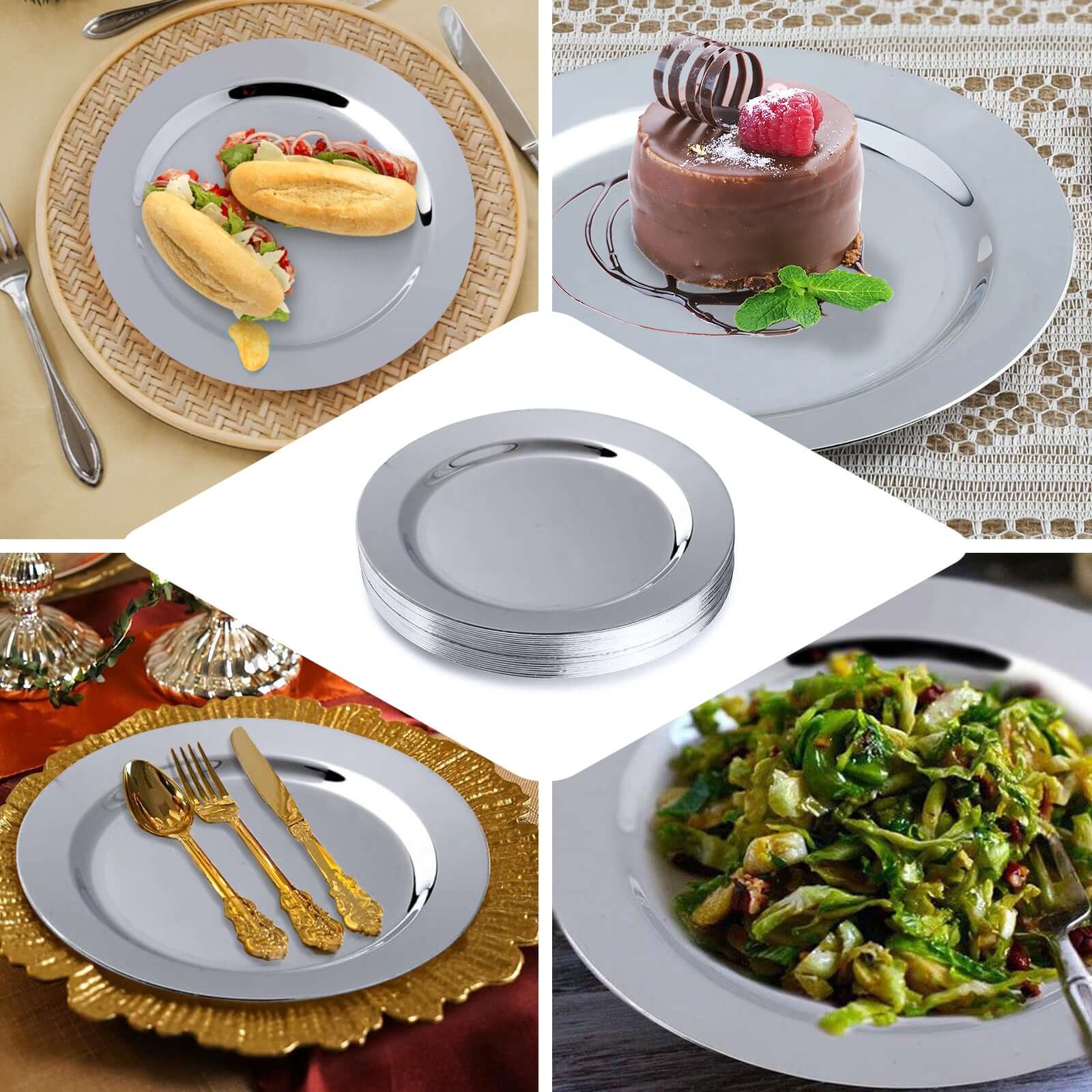 12-Pack Plastic Dessert Plates 8" Glossy Silver with Metallic Finish - Round Disposable Plates for Salads - Image 5