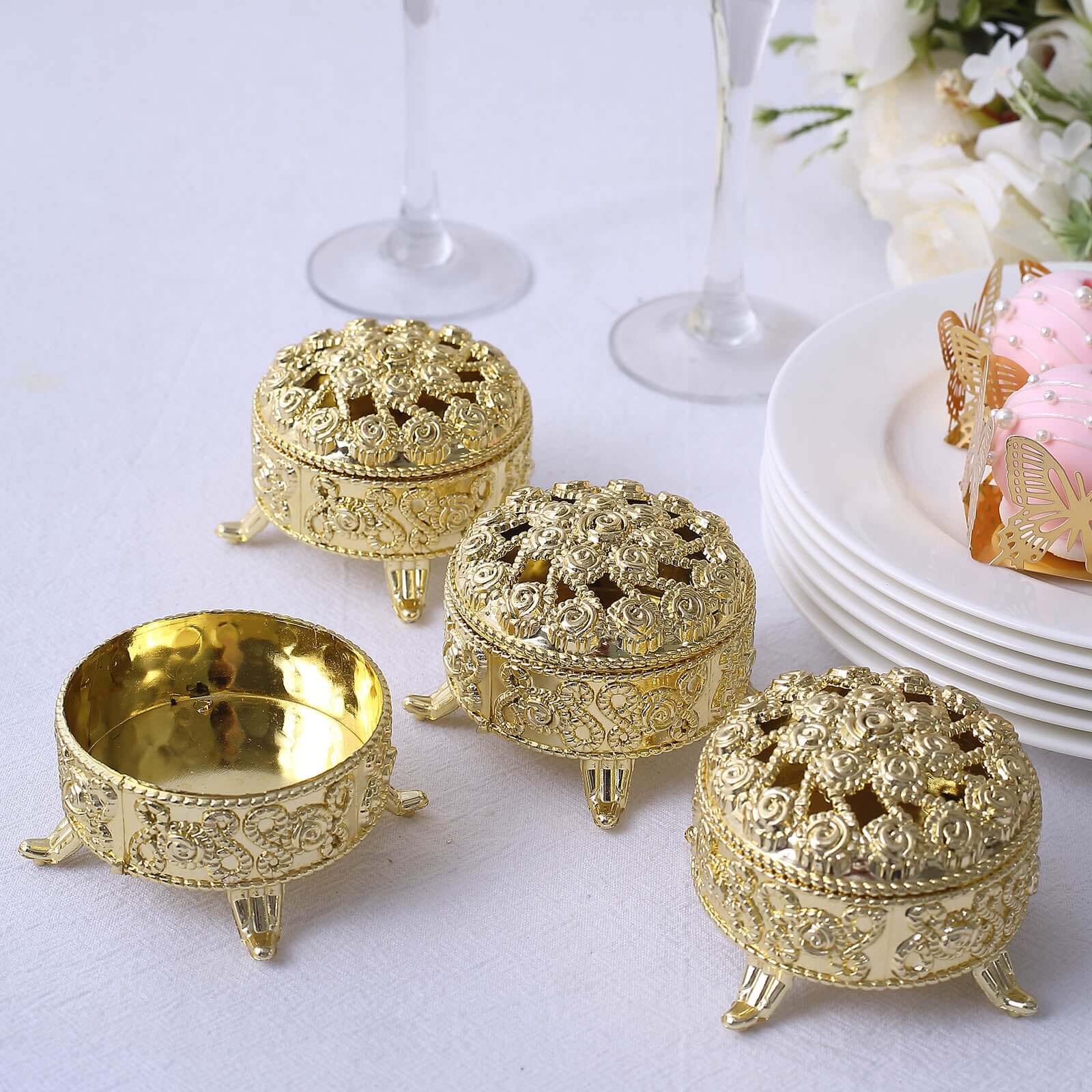 12-Pack Plastic Fillable Mini Candy Container in Vintage Ornate Round Box Style 2.5" Metallic Gold - Candy Treat Favor Boxes - Image 2