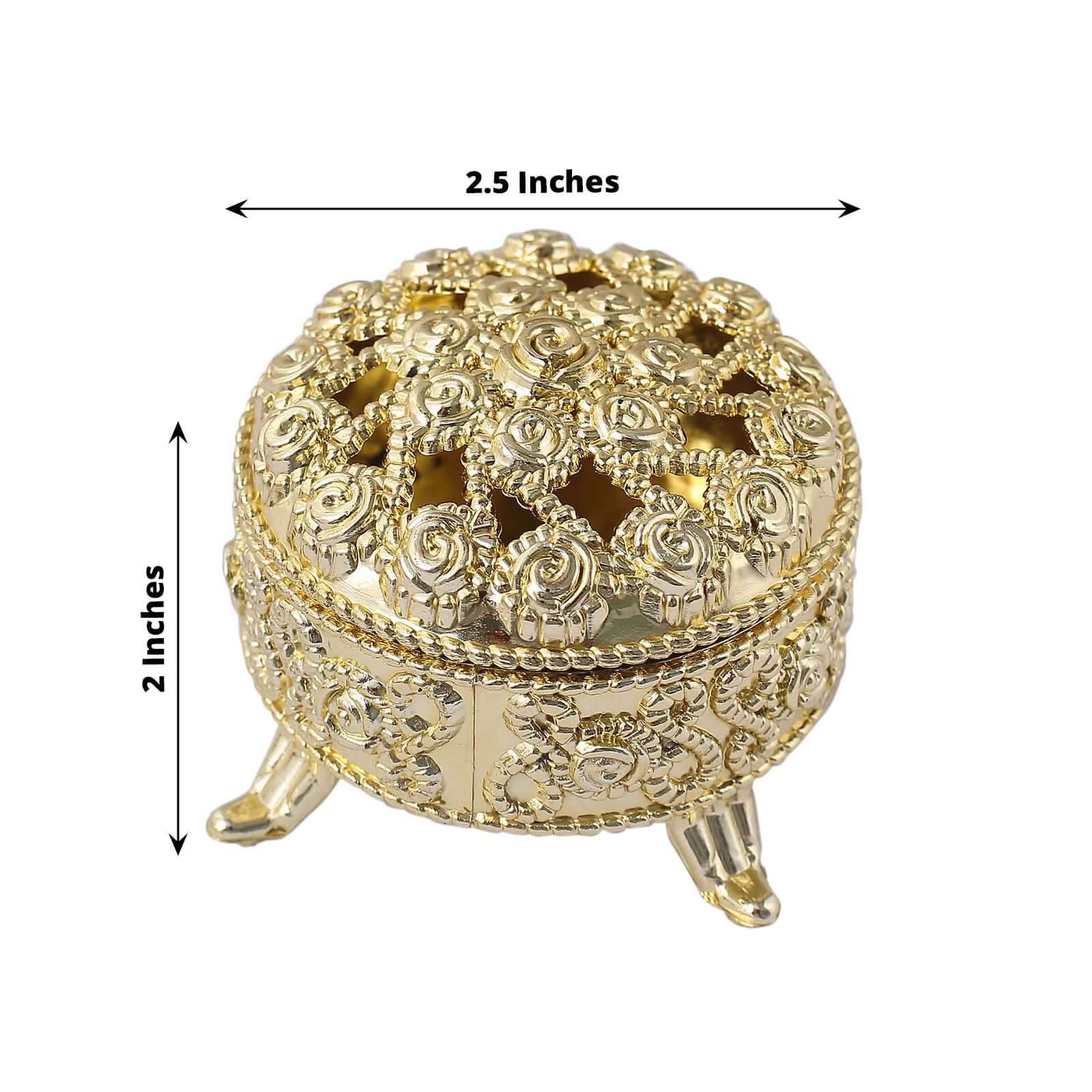 12-Pack Plastic Fillable Mini Candy Container in Vintage Ornate Round Box Style 2.5" Metallic Gold - Candy Treat Favor Boxes - Image 3