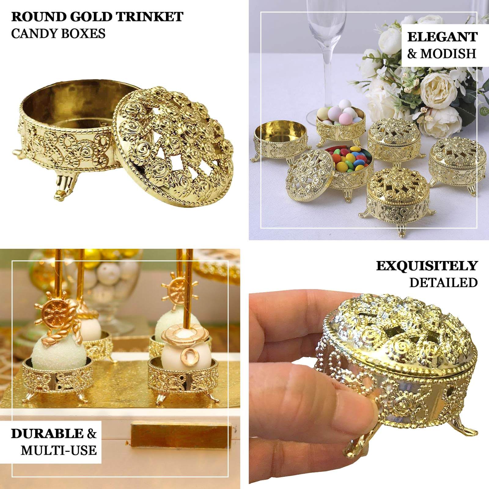 12-Pack Plastic Fillable Mini Candy Container in Vintage Ornate Round Box Style 2.5" Metallic Gold - Candy Treat Favor Boxes - Image 4