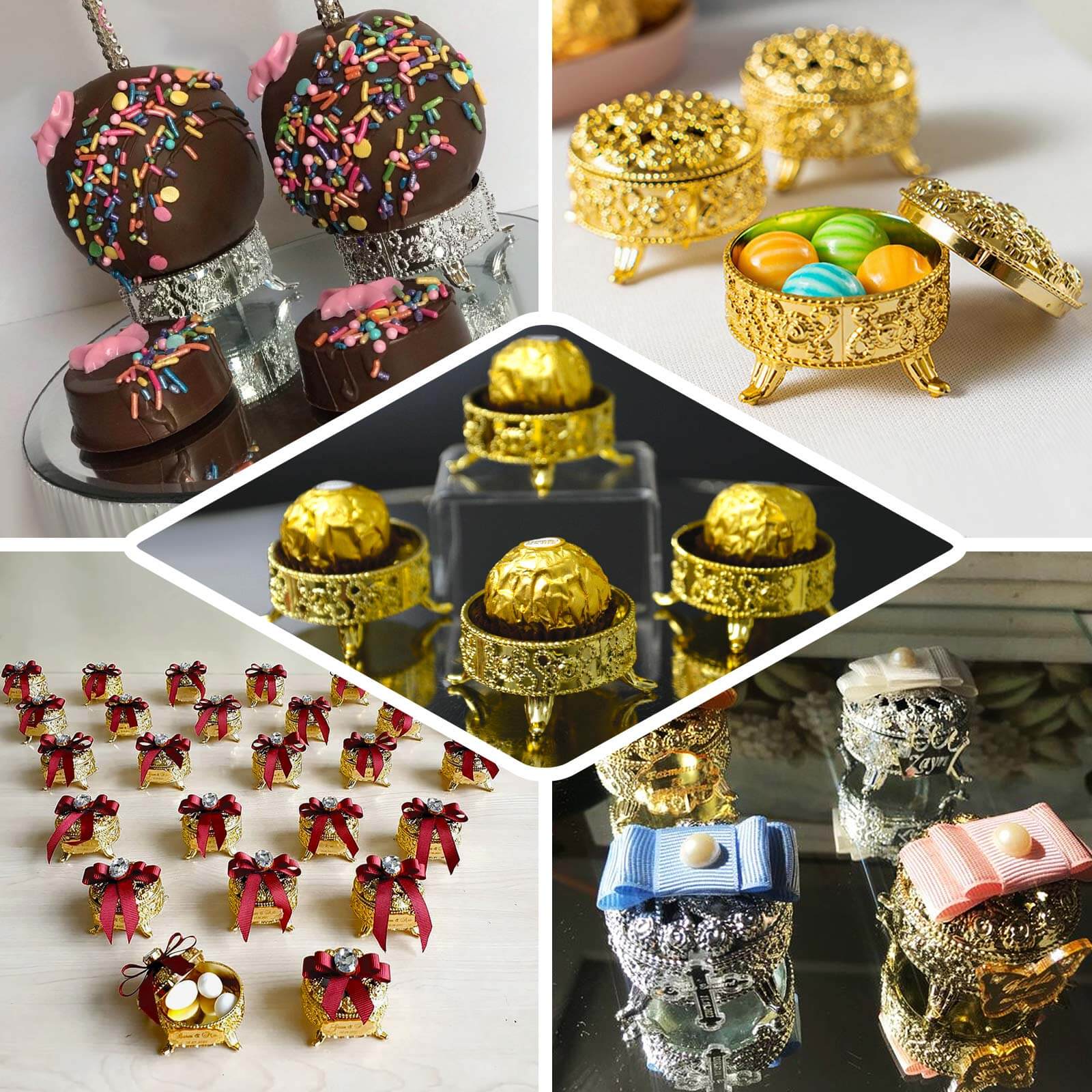 12-Pack Plastic Fillable Mini Candy Container in Vintage Ornate Round Box Style 2.5" Metallic Gold - Candy Treat Favor Boxes - Image 5