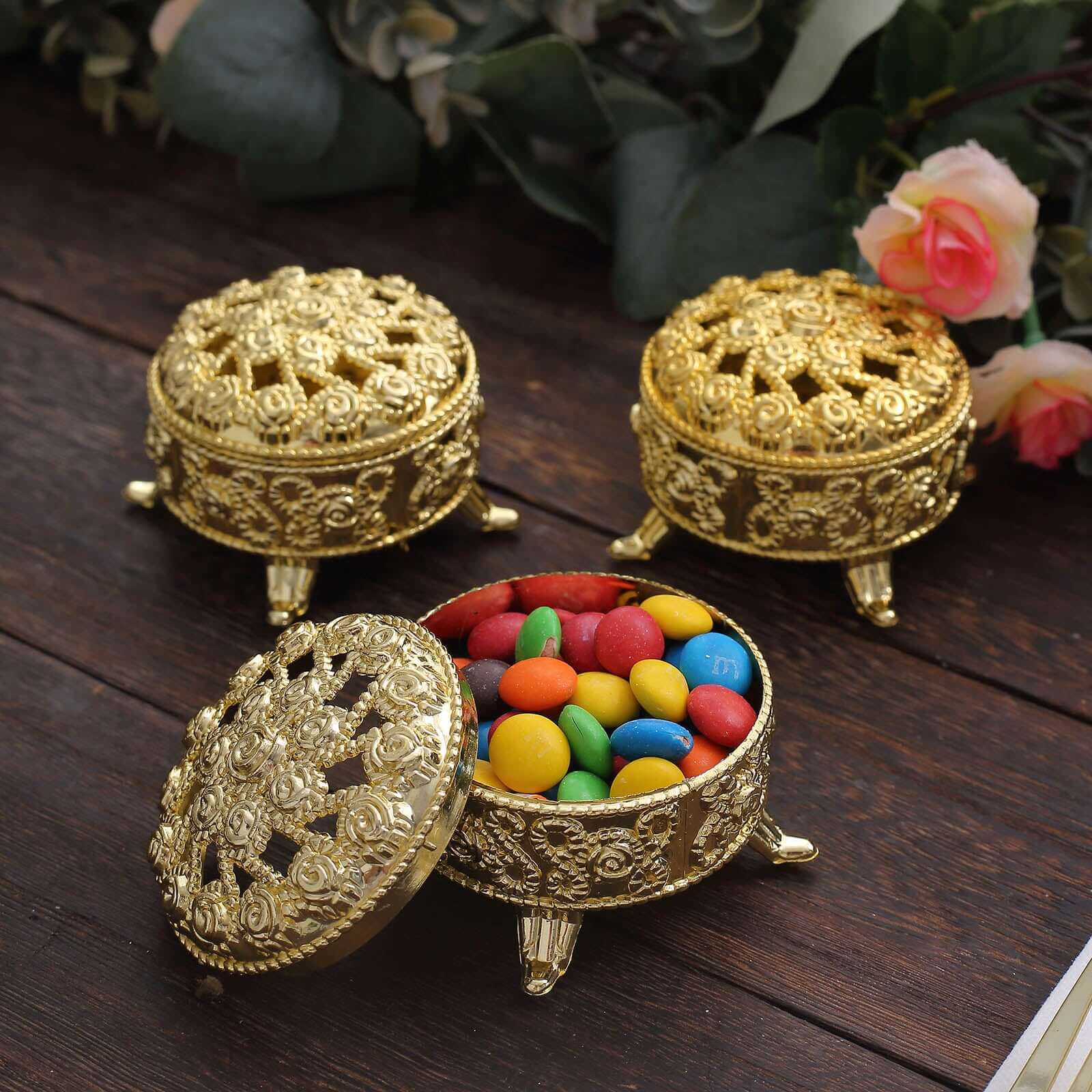 12-Pack Plastic Fillable Mini Candy Container in Vintage Ornate Round Box Style 2.5" Metallic Gold - Candy Treat Favor Boxes - Image 6