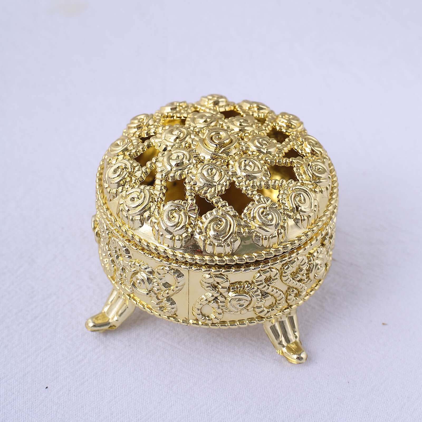 12-Pack Plastic Fillable Mini Candy Container in Vintage Ornate Round Box Style 2.5" Metallic Gold - Candy Treat Favor Boxes - Image 7