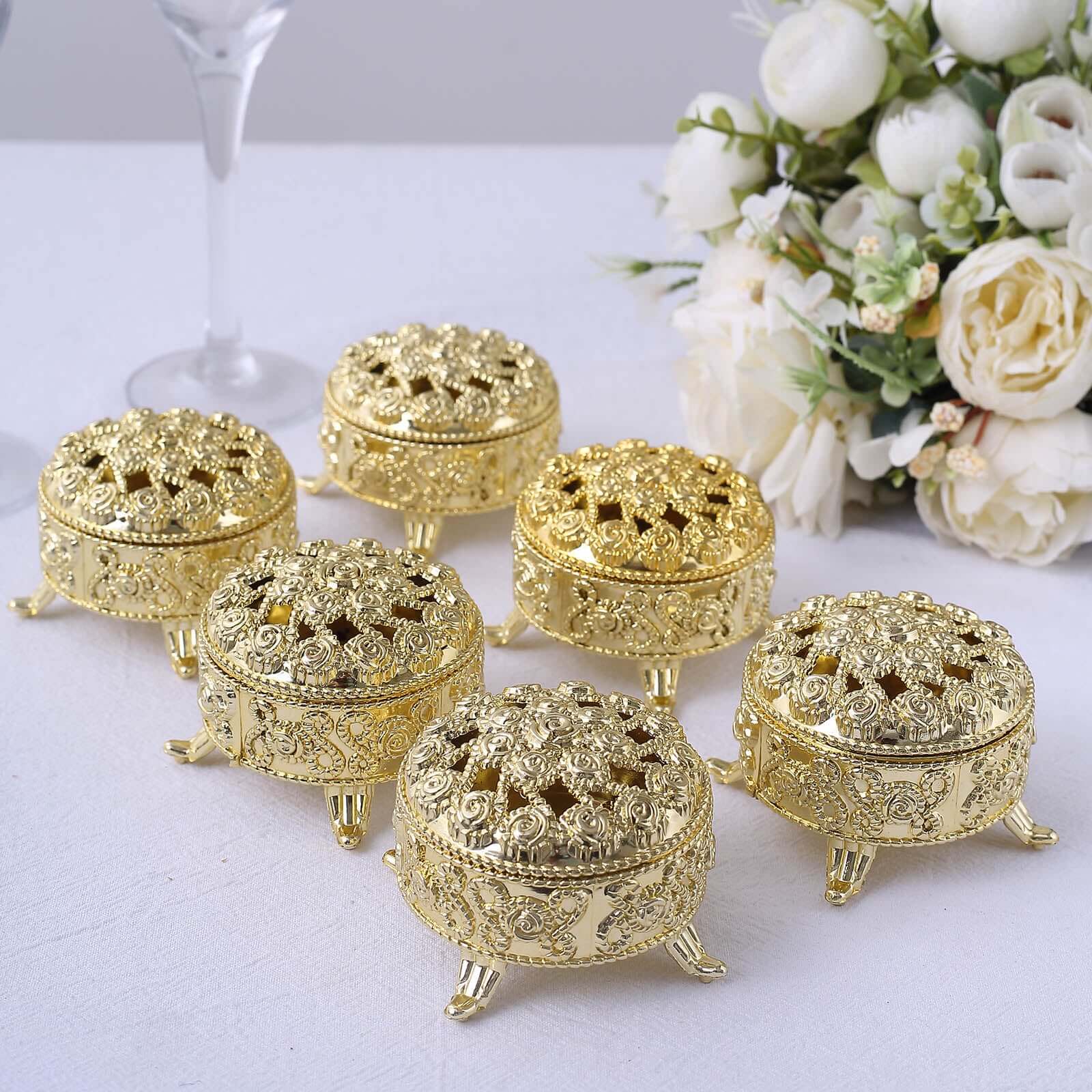 12-Pack Plastic Fillable Mini Candy Container in Vintage Ornate Round Box Style 2.5" Metallic Gold - Candy Treat Favor Boxes - Image 8
