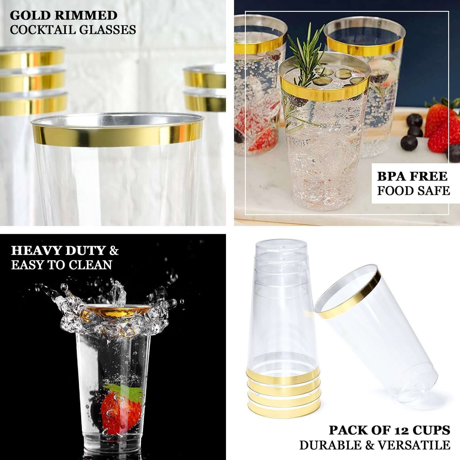 12-Pack Plastic Party Cups 17oz Clear with Gold Rim - Disposable Drinking Tumblers 5.5" - Image 3