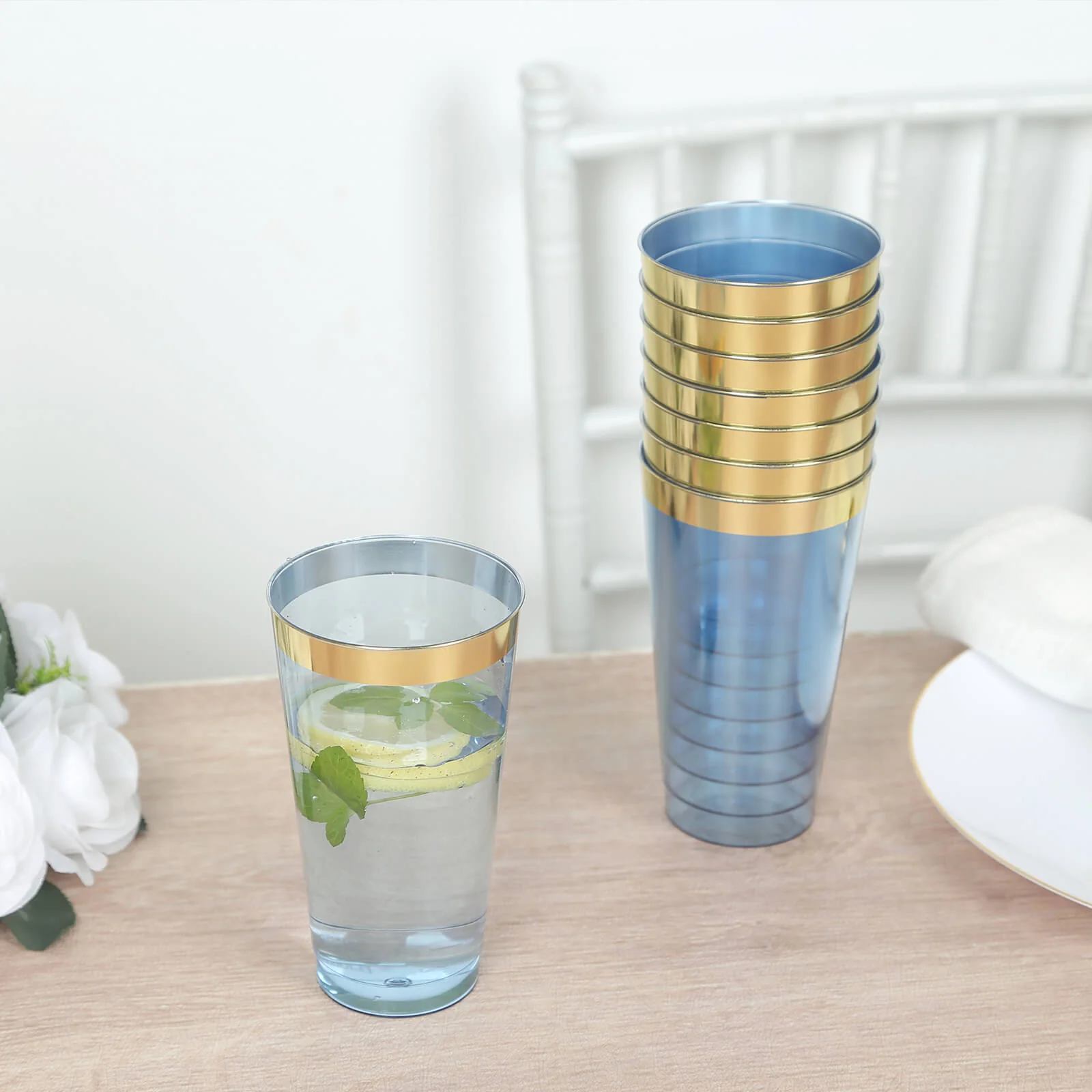 12-Pack Plastic Party Cups 17oz Transparent Dusty Blue with Gold Rim - Disposable Drinking Tumblers 5.5" - Image 4