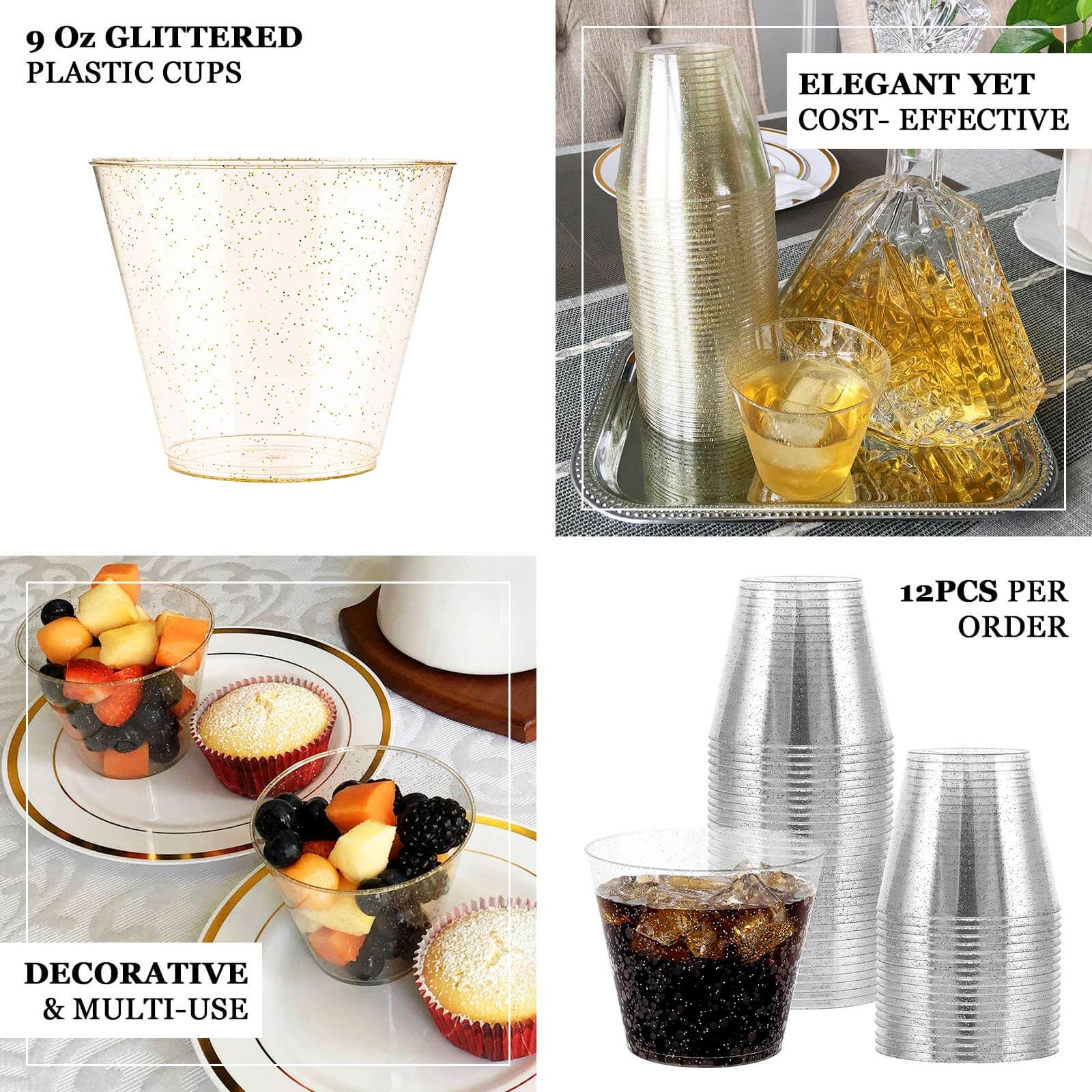 12-Pack Plastic Party Glasses 9oz Gold Glittered - Disposable Cups for Special Occasions - Image 4