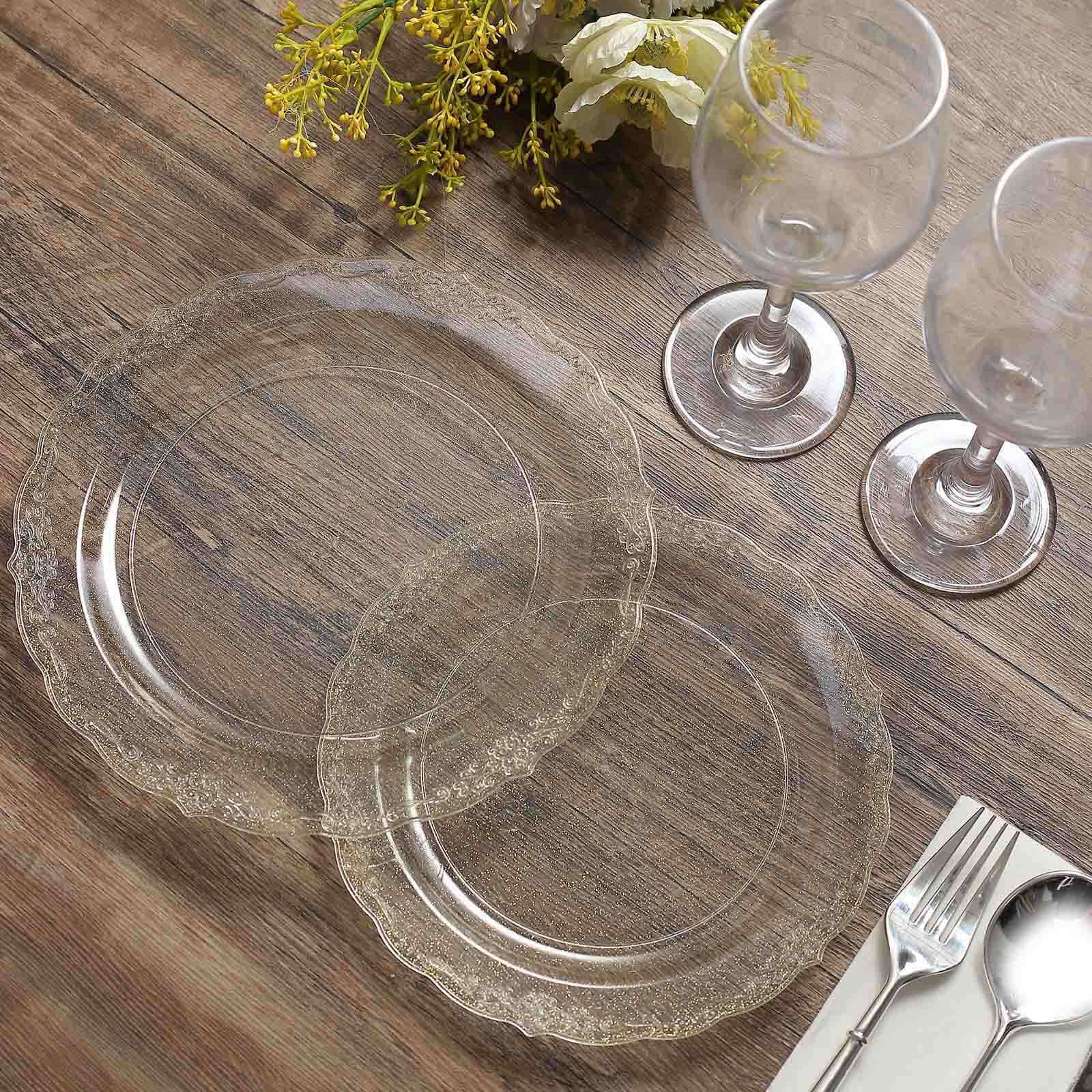 12-Pack Plastic Round Salad Plates 7" Clear with Gold Glitters & Floral Edge - Disposable Appetizer Salad Plates for Chic Events & Banquets - Image 11