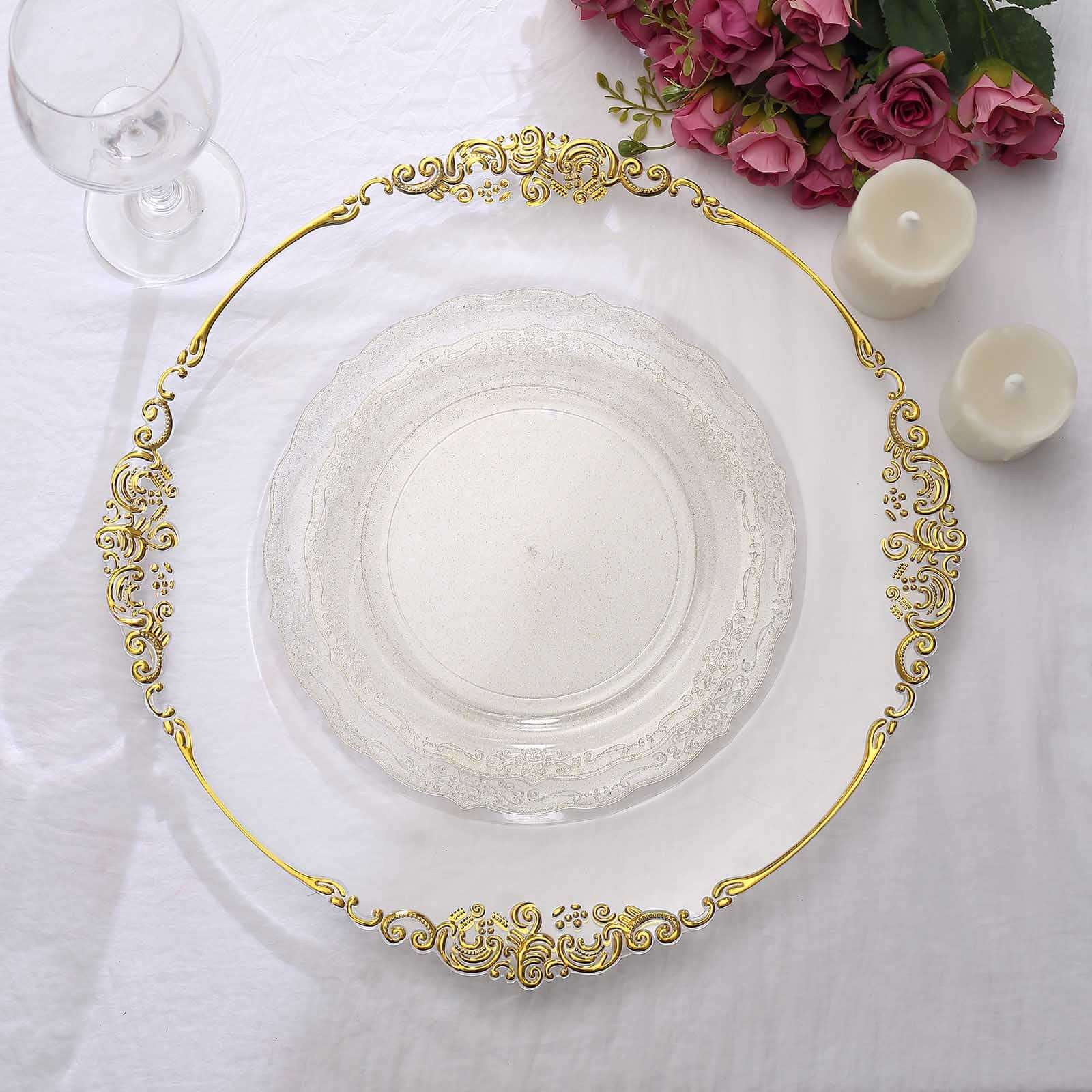 12-Pack Plastic Round Salad Plates 7" Clear with Gold Glitters & Floral Edge - Disposable Appetizer Salad Plates for Chic Events & Banquets - Image 2