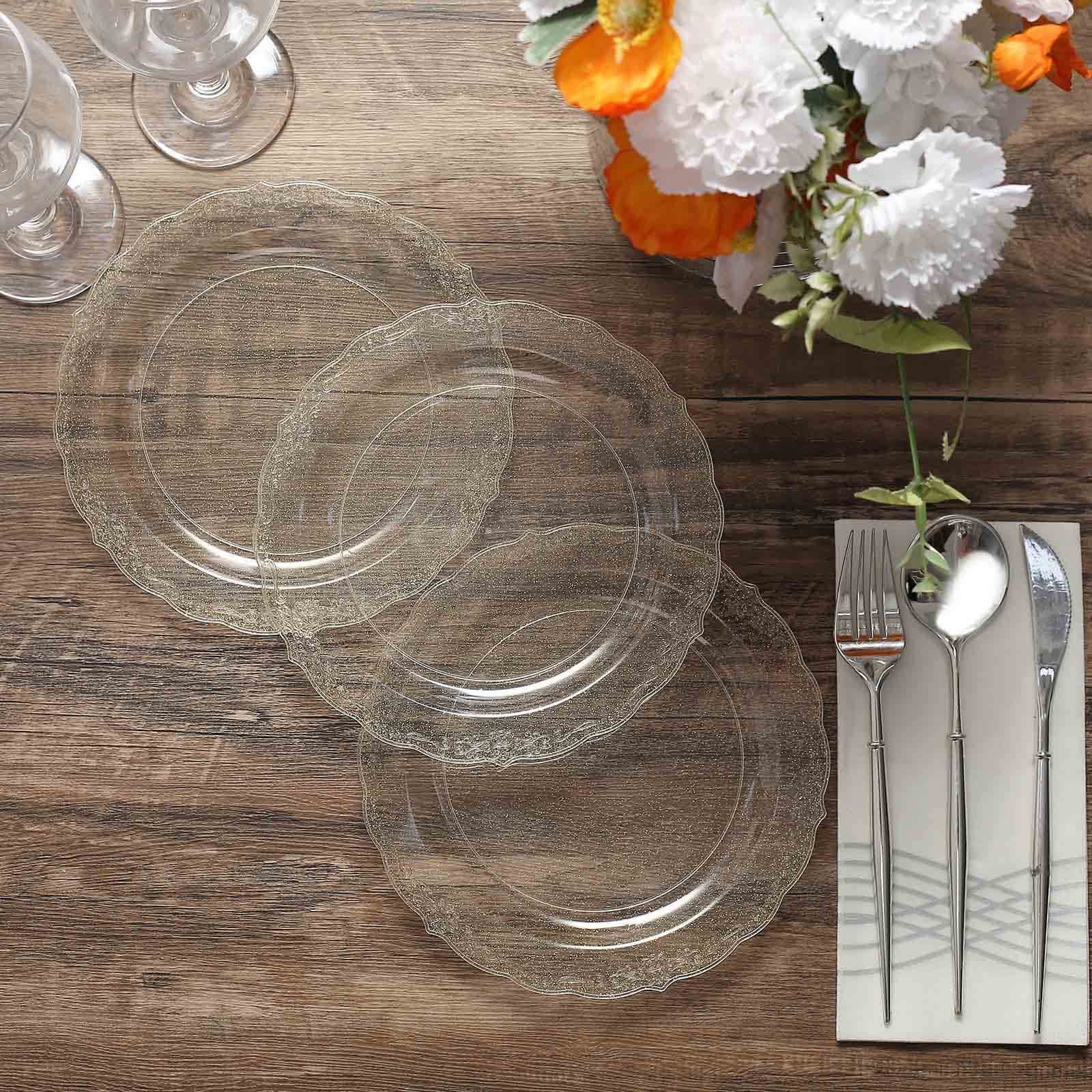 12-Pack Plastic Round Salad Plates 7" Clear with Gold Glitters & Floral Edge - Disposable Appetizer Salad Plates for Chic Events & Banquets - Image 8