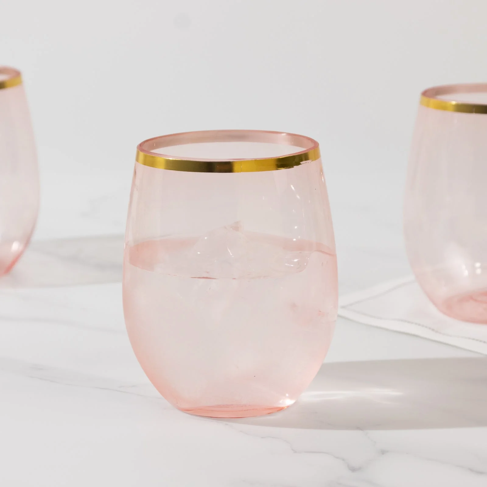 12-Pack Plastic Stemless Wine Glasses 12oz, Transparent Blush with Gold Rim - Reusable Tumblers for Events - Image 11