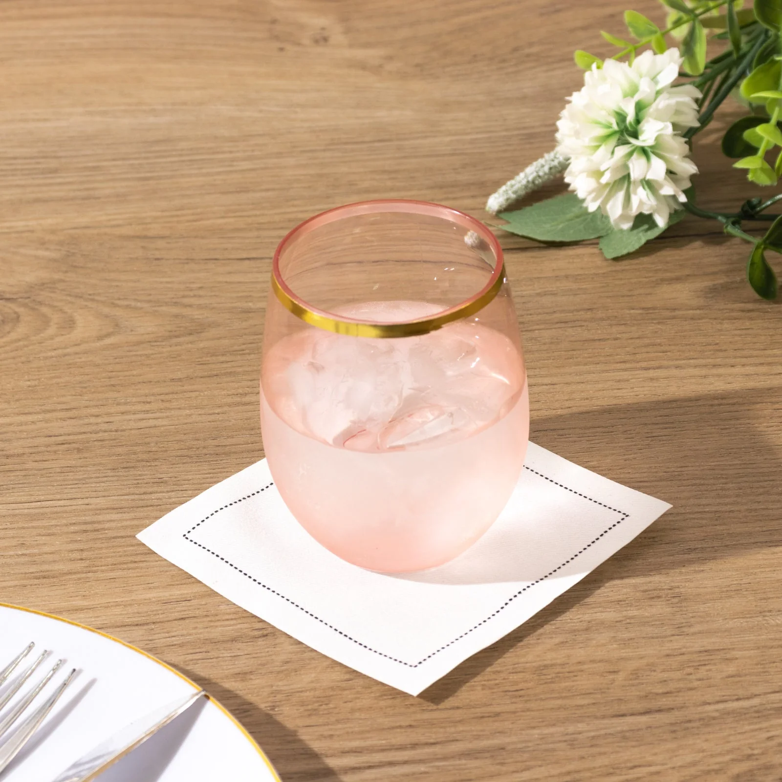 12-Pack Plastic Stemless Wine Glasses 12oz, Transparent Blush with Gold Rim - Reusable Tumblers for Events - Image 12