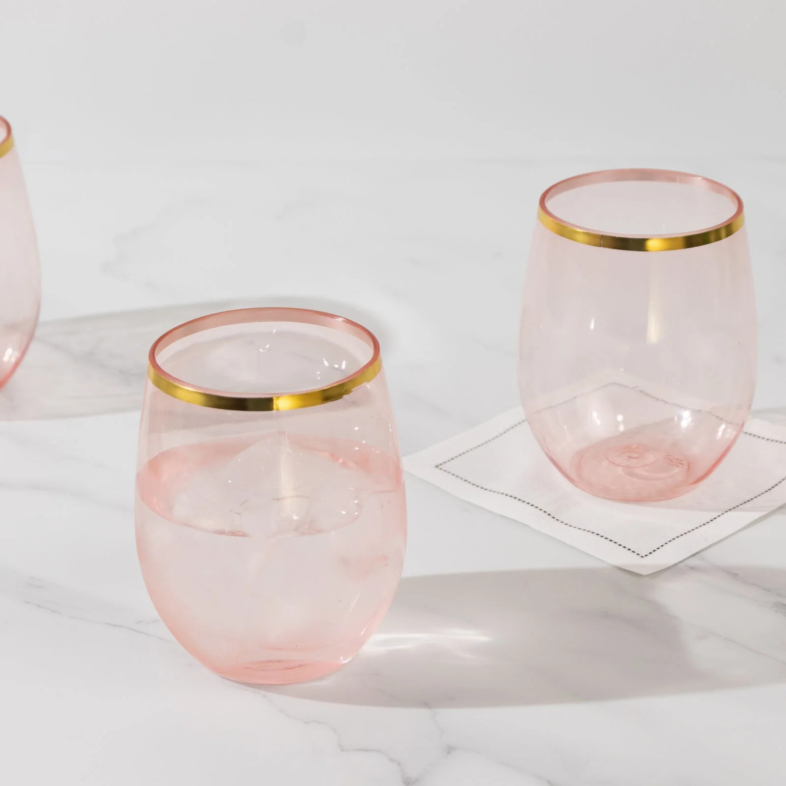 12-Pack Plastic Stemless Wine Glasses 12oz, Transparent Blush with Gold Rim - Reusable Tumblers for Events - Image 3